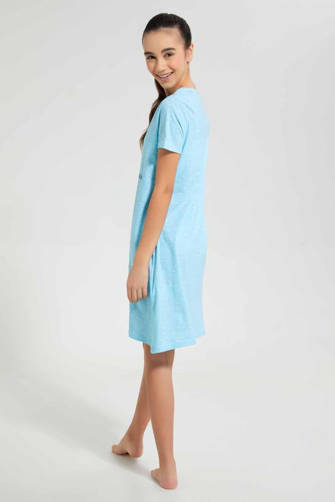 Redtag-Lt-Blue-Ruffled-Sleeve-NightShirt-Nightshirts-Senior-Girls-9 to 14 Years
