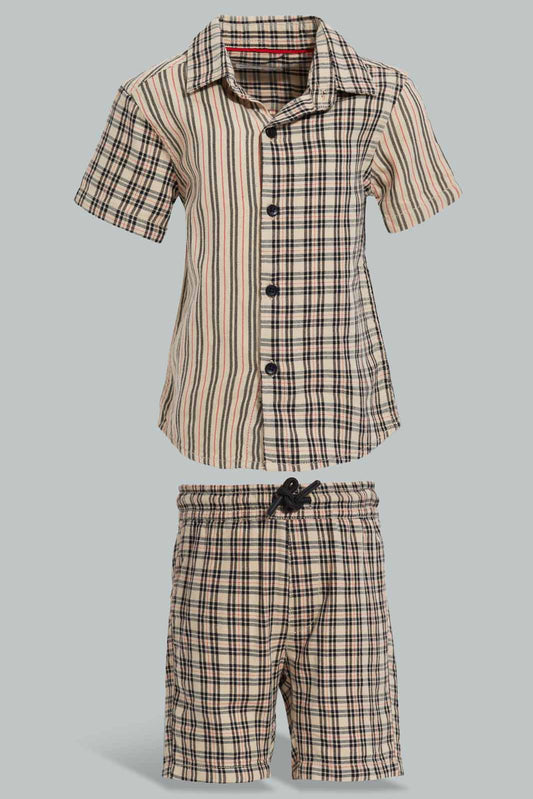 Redtag-Beige-Woven-Shirt-With-Matching-Short-Set-(2-Pack)-Category:Sets,-Colour:Beige,-Filter:Infant-Boys-(3-to-24-Mths),-INB-Sets,-Non-Sale,-S22C,-Section:Boys-(0-to-14Yrs)-Infant-Boys-