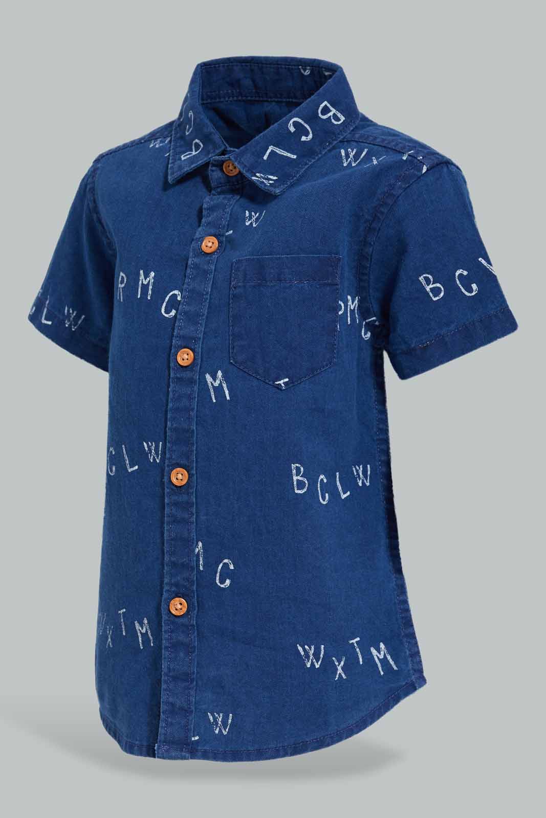 Redtag-Blue-Printed-Denim-Shirt-With-Matching-Denim-Short-Set-(2-Pack)-Category:Sets,-Colour:Blue,-Filter:Infant-Boys-(3-to-24-Mths),-INB-Sets,-Non-Sale,-S22C,-Section:Boys-(0-to-14Yrs)-Infant-Boys-