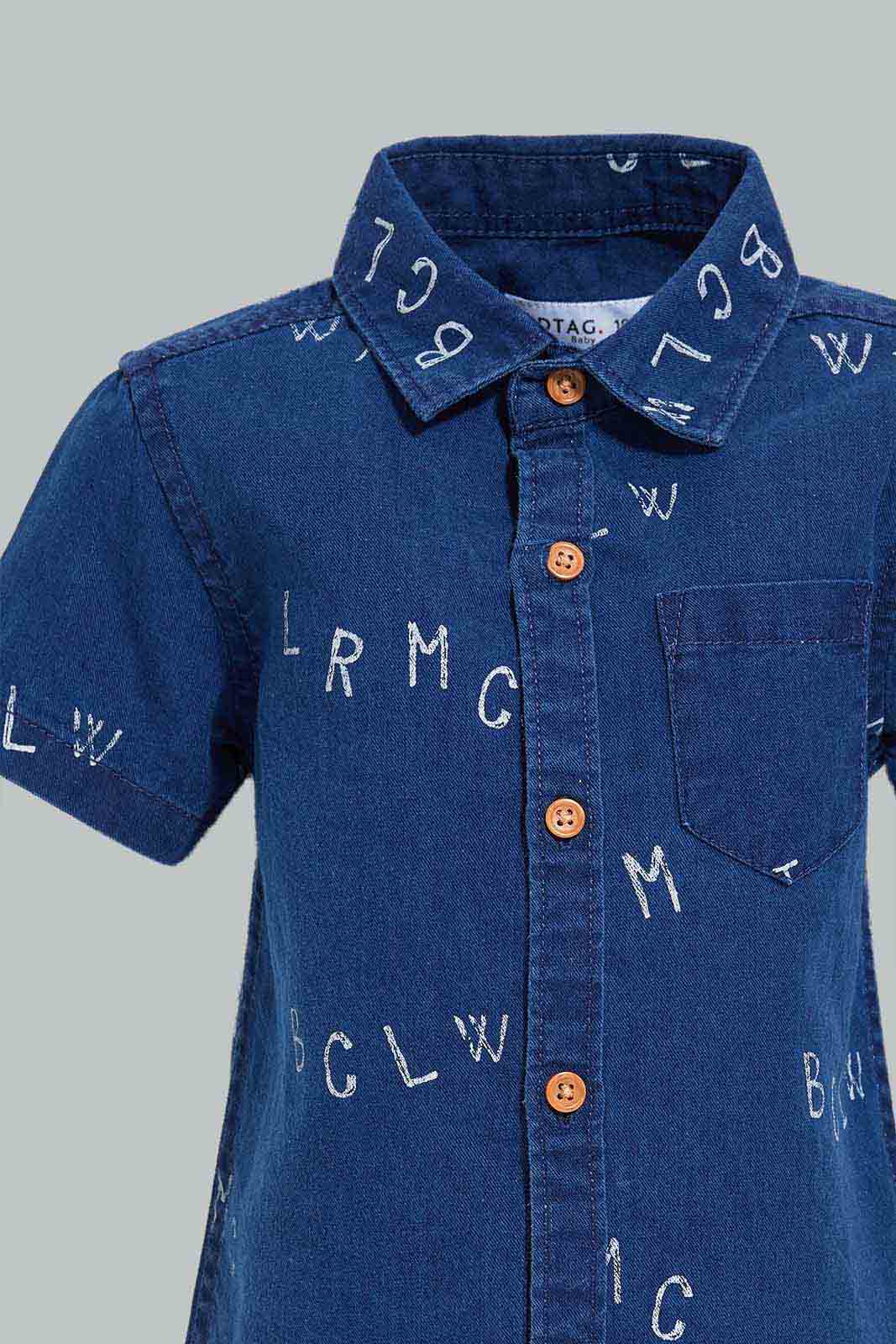 Redtag-Blue-Printed-Denim-Shirt-With-Matching-Denim-Short-Set-(2-Pack)-Category:Sets,-Colour:Blue,-Filter:Infant-Boys-(3-to-24-Mths),-INB-Sets,-Non-Sale,-S22C,-Section:Boys-(0-to-14Yrs)-Infant-Boys-