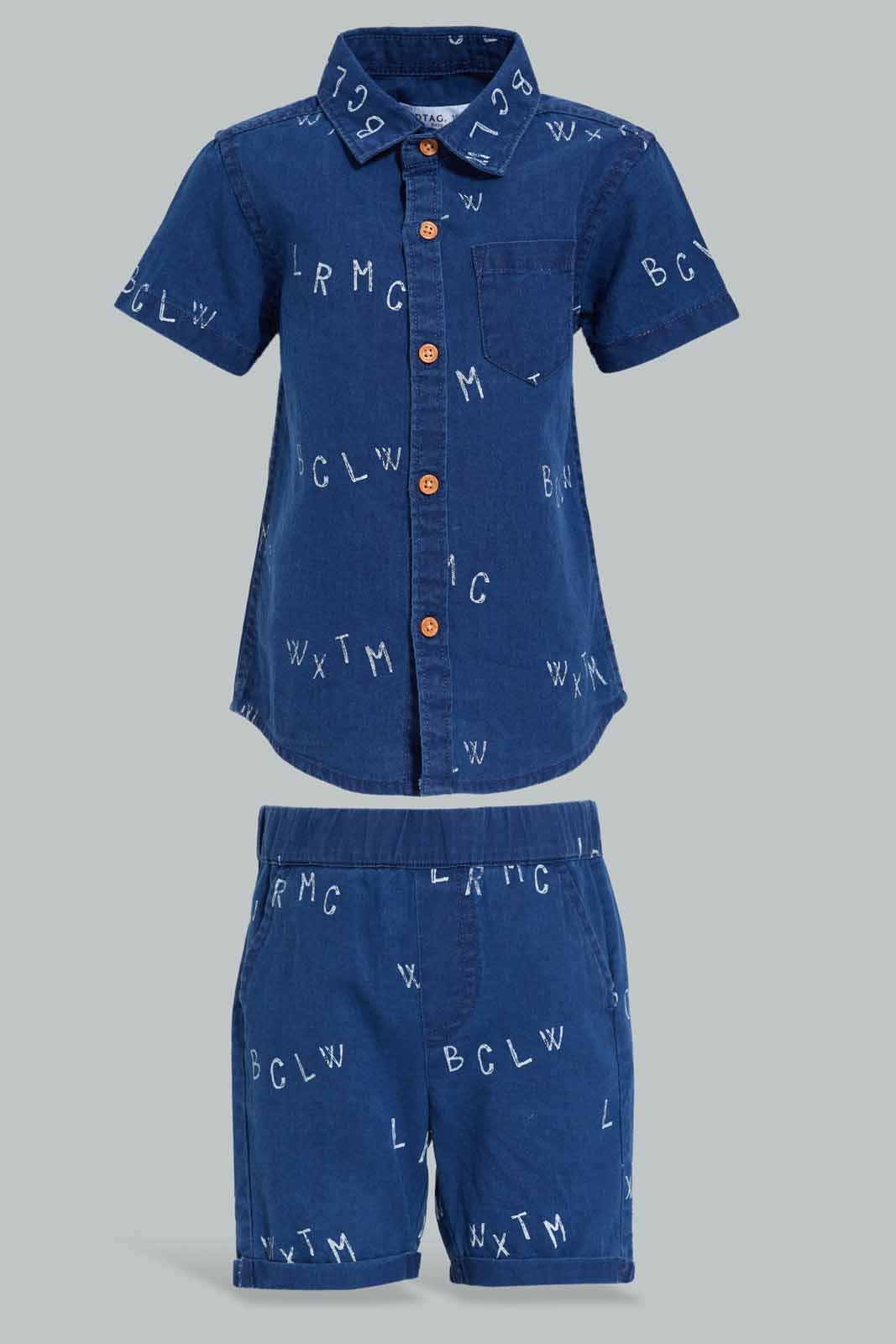 Redtag-Blue-Printed-Denim-Shirt-With-Matching-Denim-Short-Set-(2-Pack)-Category:Sets,-Colour:Blue,-Filter:Infant-Boys-(3-to-24-Mths),-INB-Sets,-Non-Sale,-S22C,-Section:Boys-(0-to-14Yrs)-Infant-Boys-
