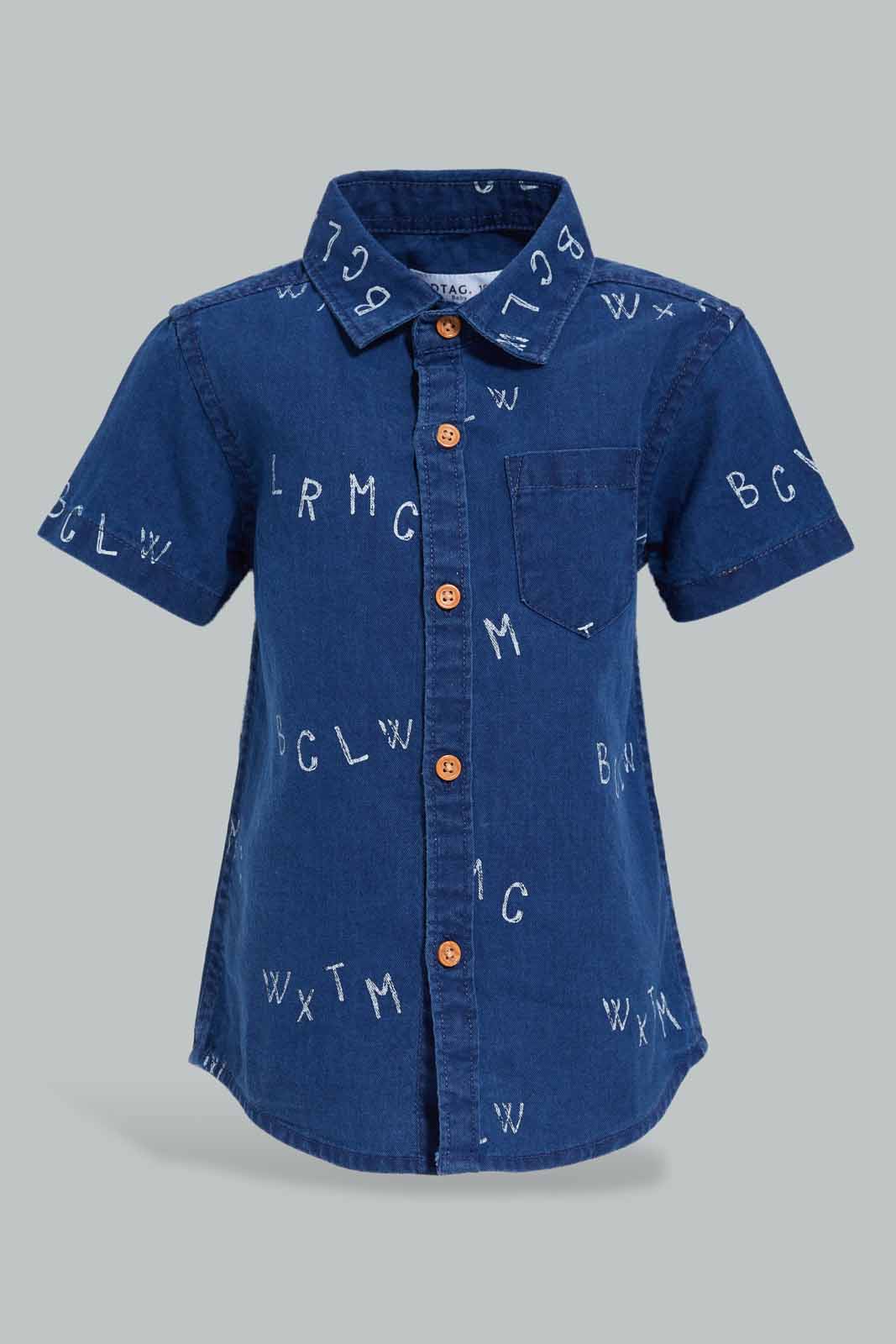 Redtag-Blue-Printed-Denim-Shirt-With-Matching-Denim-Short-Set-(2-Pack)-Category:Sets,-Colour:Blue,-Filter:Infant-Boys-(3-to-24-Mths),-INB-Sets,-Non-Sale,-S22C,-Section:Boys-(0-to-14Yrs)-Infant-Boys-