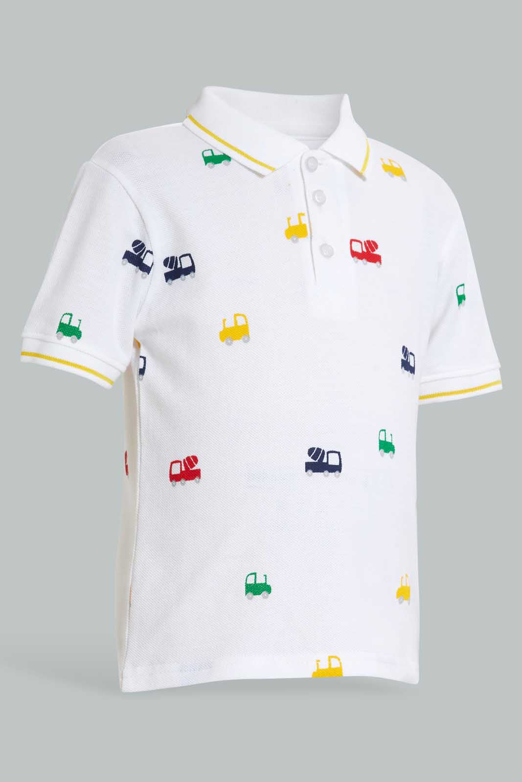 Redtag-White-Car-Printed-Short-Slv-Pique-Polo-Polo-Shirts-Infant-Boys-3 to 24 Months