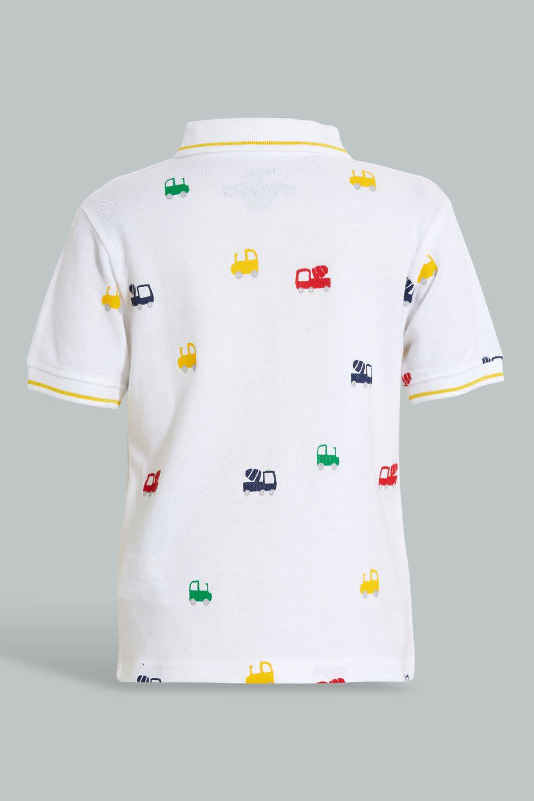 Redtag-White-Car-Printed-Short-Slv-Pique-Polo-Polo-Shirts-Infant-Boys-3 to 24 Months