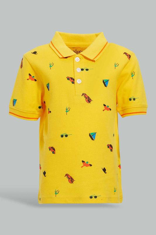 Redtag-Yellow-Car-Printed-Short-Slv-Pique-Polo-Polo-Shirts-Infant-Boys-3 to 24 Months