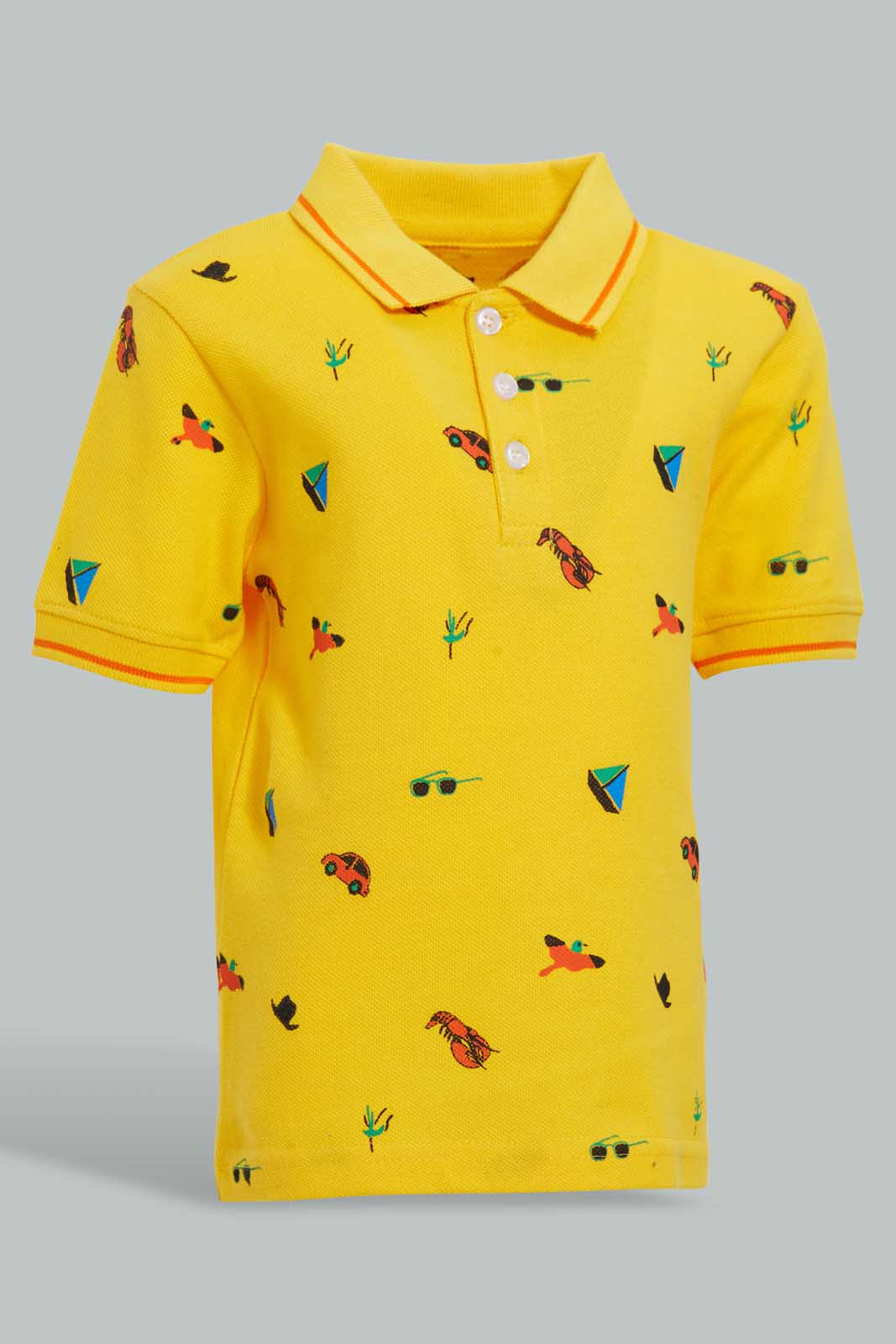 Redtag-Yellow-Car-Printed-Short-Slv-Pique-Polo-Polo-Shirts-Infant-Boys-3 to 24 Months