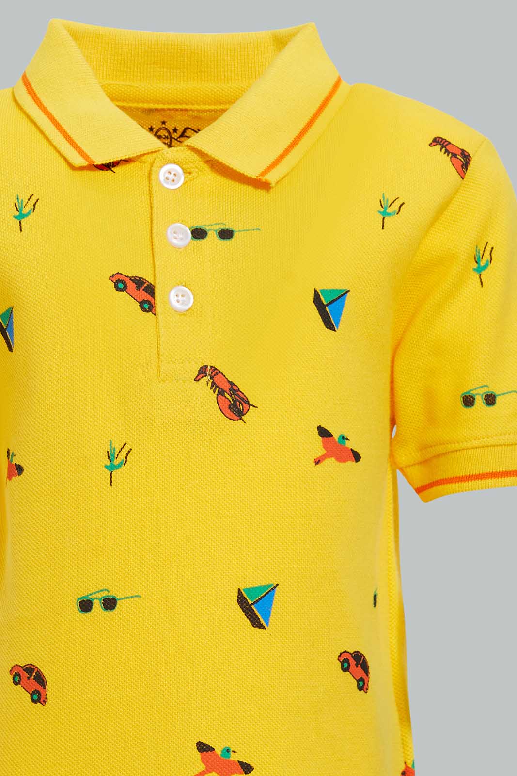 Redtag-Yellow-Car-Printed-Short-Slv-Pique-Polo-Polo-Shirts-Infant-Boys-3 to 24 Months