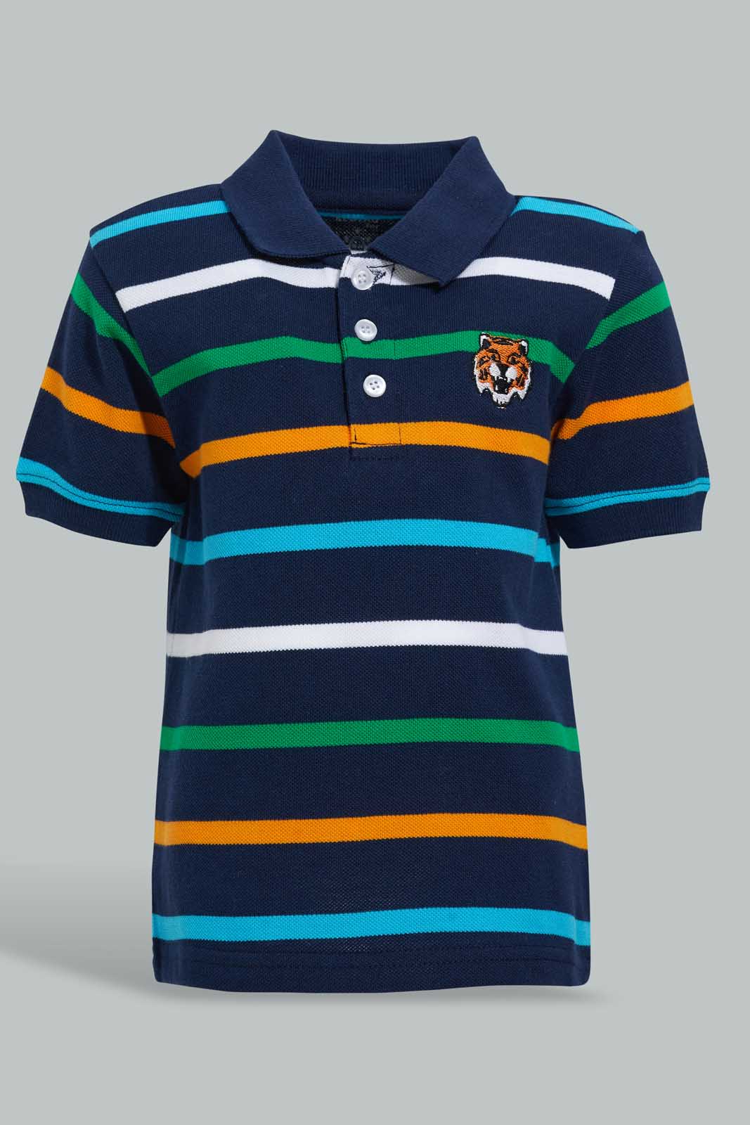Redtag-Navy-Striped-Tiger-Short-Slv-Polo-Polo-Shirts-Infant-Boys-3 to 24 Months