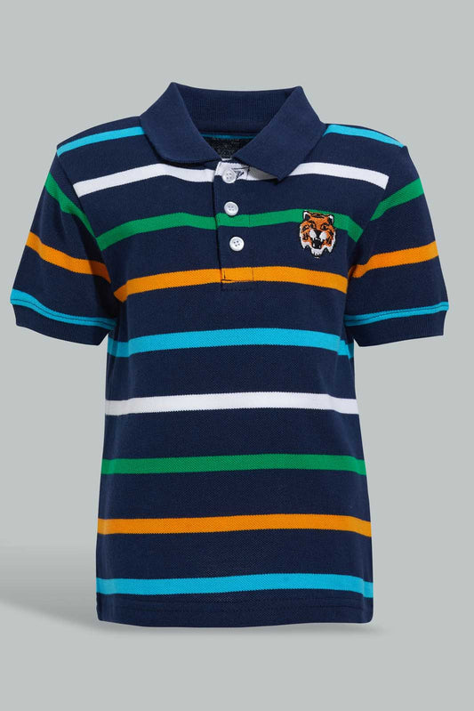 Redtag-Navy-Striped-Tiger-Short-Slv-Polo-Polo-Shirts-Infant-Boys-3 to 24 Months
