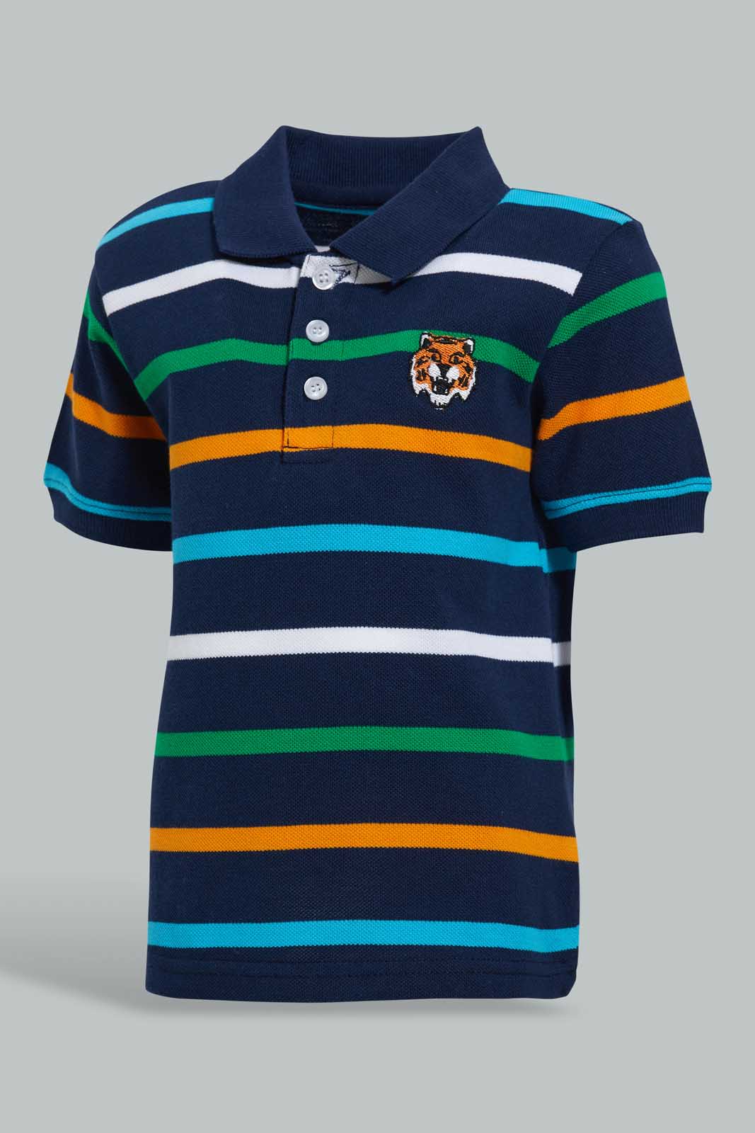Redtag-Navy-Striped-Tiger-Short-Slv-Polo-Polo-Shirts-Infant-Boys-3 to 24 Months