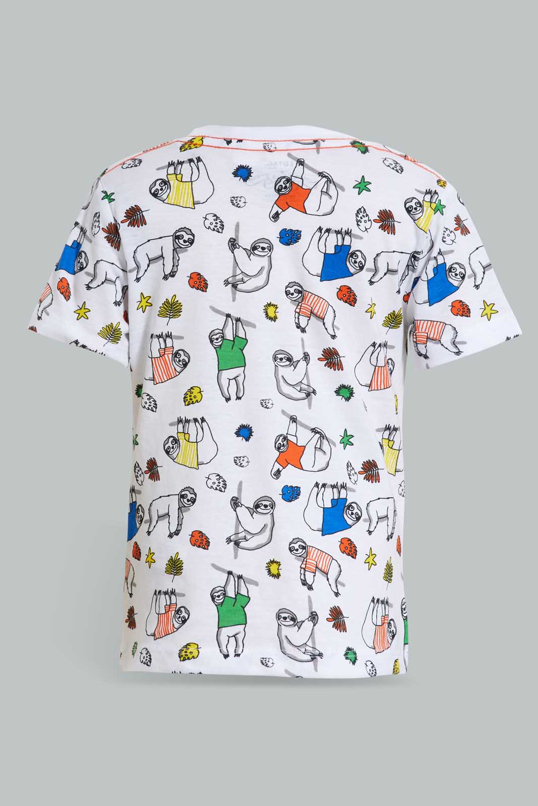 Redtag-White-Printed-T-Shirt-With-Denim-Short-Casual-Set-(2-Pack)-Sets-Infant-Boys-3 to 24 Months