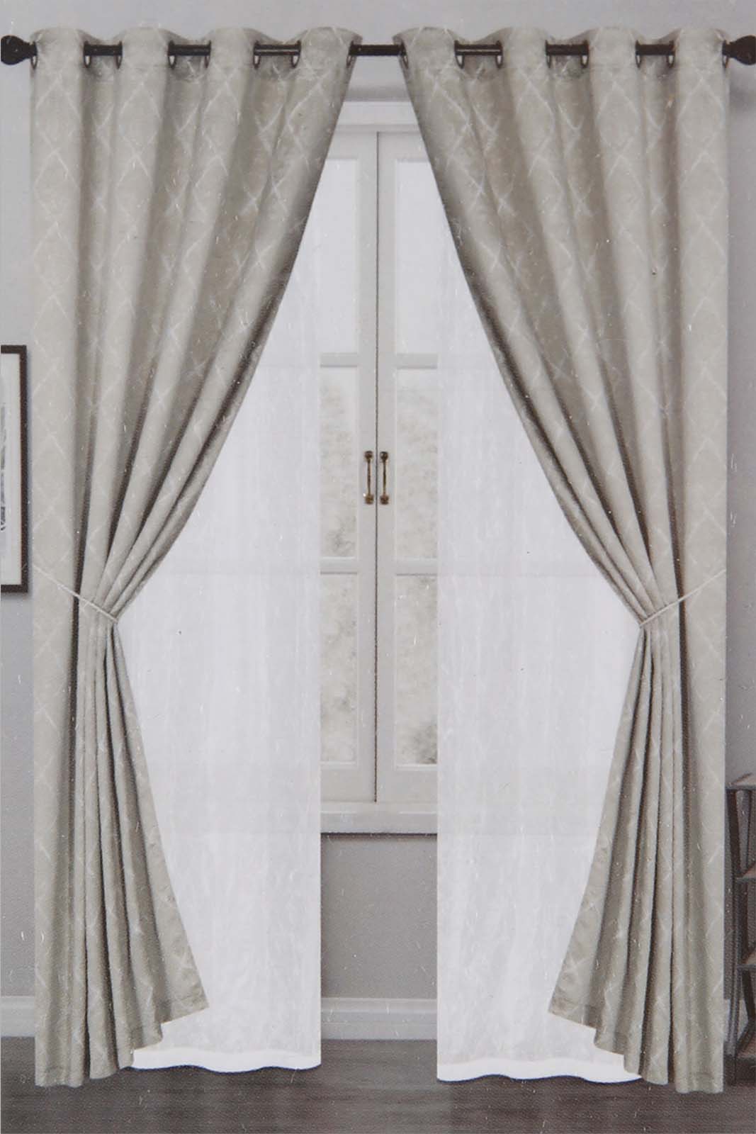 Redtag-Beige-Leaf-Jacquard-&-Sheer-4-Piece-Curtain-Set-Category:Curtains,-Colour:Beige,-Deals:New-In,-Filter:Home-Bedroom,-HMW-BED-Curtains,-New-In-HMW-BED,-Non-Sale,-Section:Homewares,-W22A-Home-Bedroom-