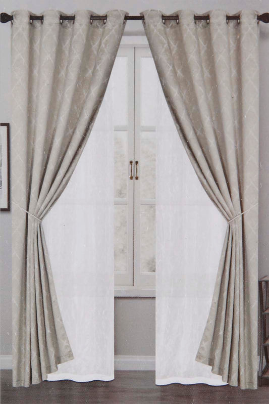 Redtag-Beige-Leaf-Jacquard-&-Sheer-4-Piece-Curtain-Set-Category:Curtains,-Colour:Beige,-Deals:New-In,-Filter:Home-Bedroom,-HMW-BED-Curtains,-New-In-HMW-BED,-Non-Sale,-Section:Homewares,-W22A-Home-Bedroom-