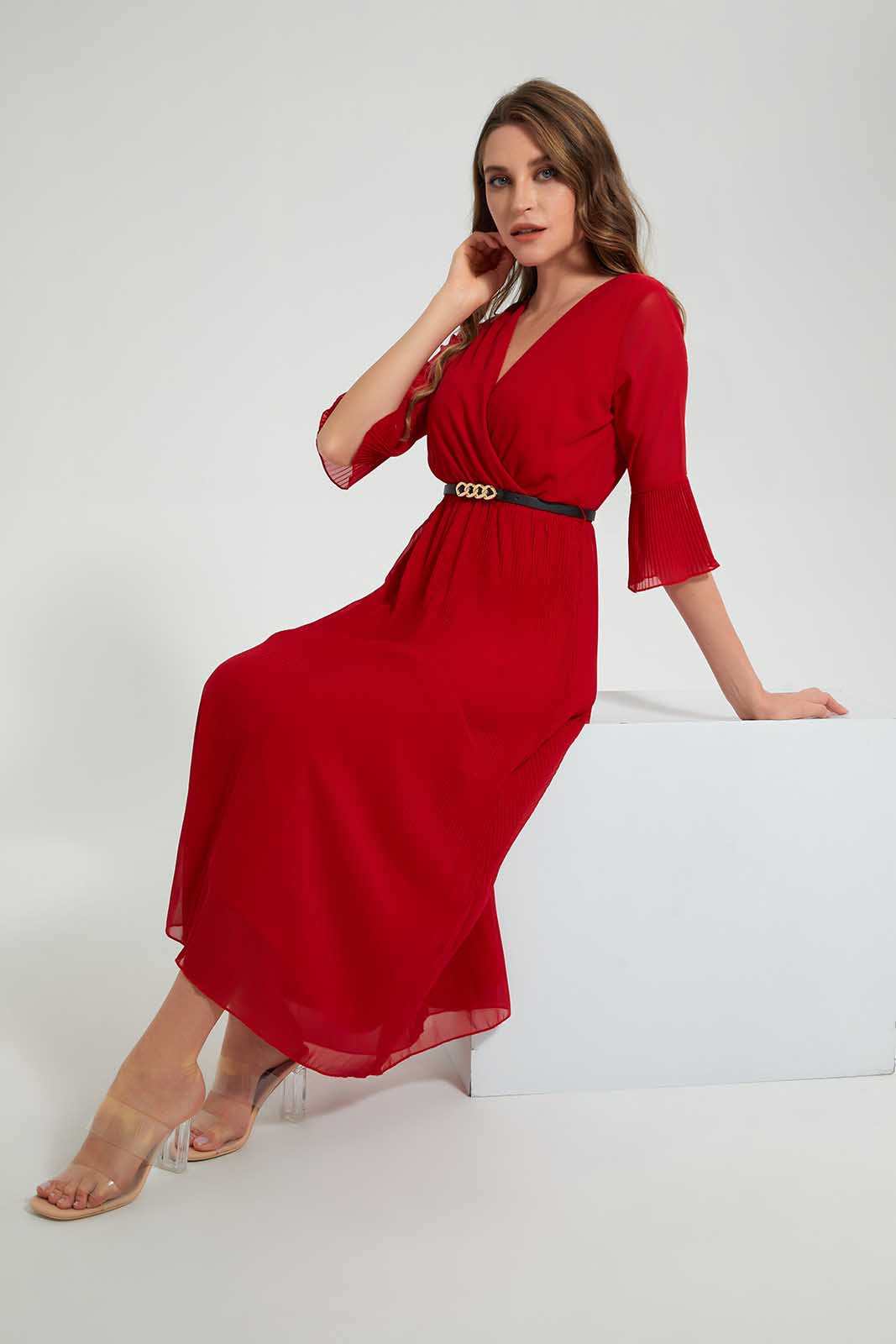 Redtag-Red-3/4-Sleeve-Pleated-Dress-Dresses-Women's-