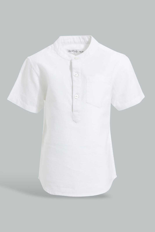 Redtag-White-Dobby-Short-Sleeve-Mandarin-Shirt-Casual-Shirts-Infant-Boys-3 to 24 Months