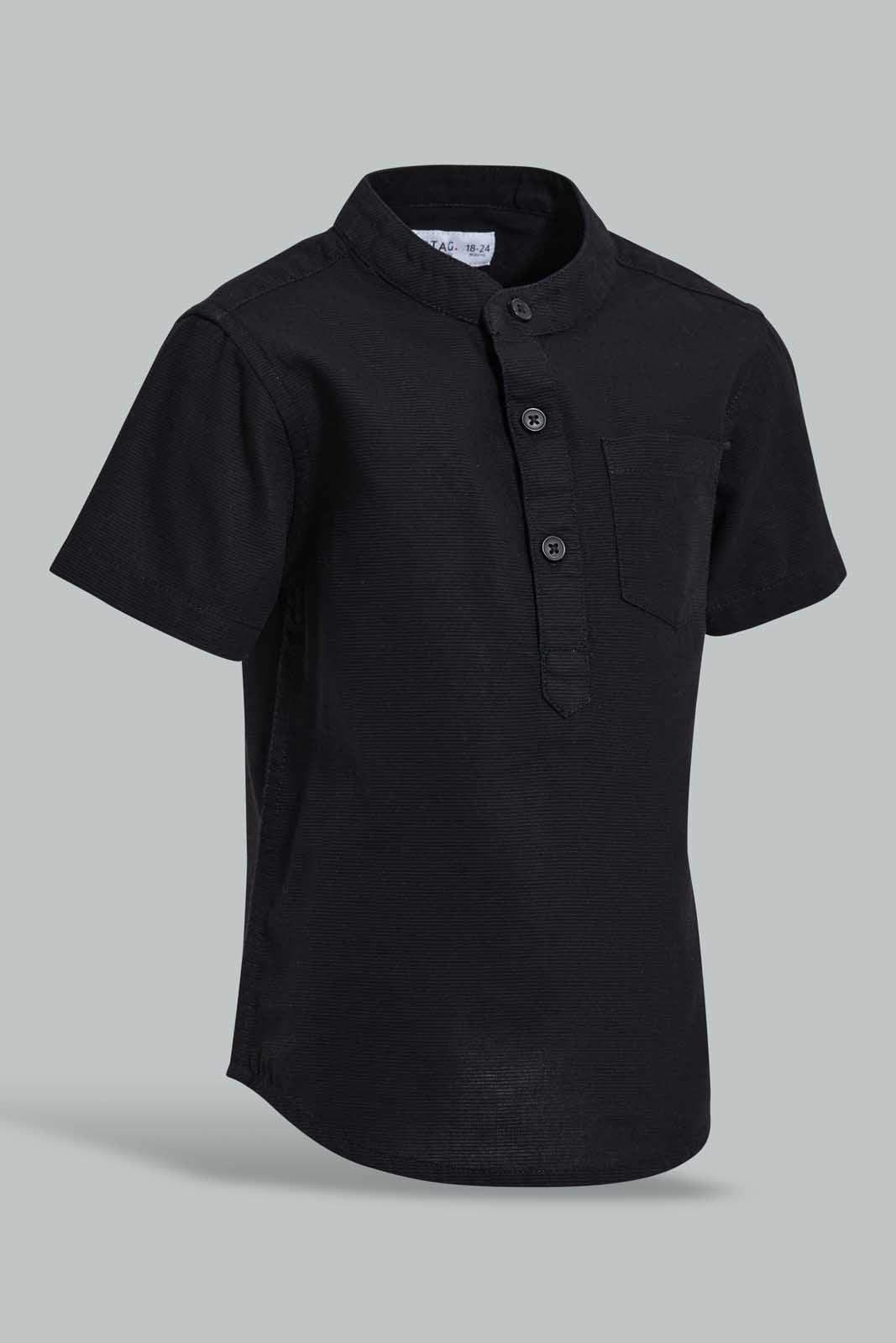 Redtag-Black-Dobby-Short-Sleeve-Mandarin-Shirt-Casual-Shirts-Infant-Boys-3 to 24 Months