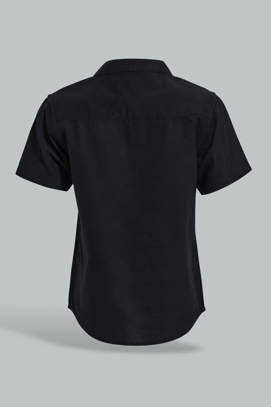 Redtag-Black-Dobby-Short-Sleeve-Mandarin-Shirt-Casual-Shirts-Infant-Boys-3 to 24 Months