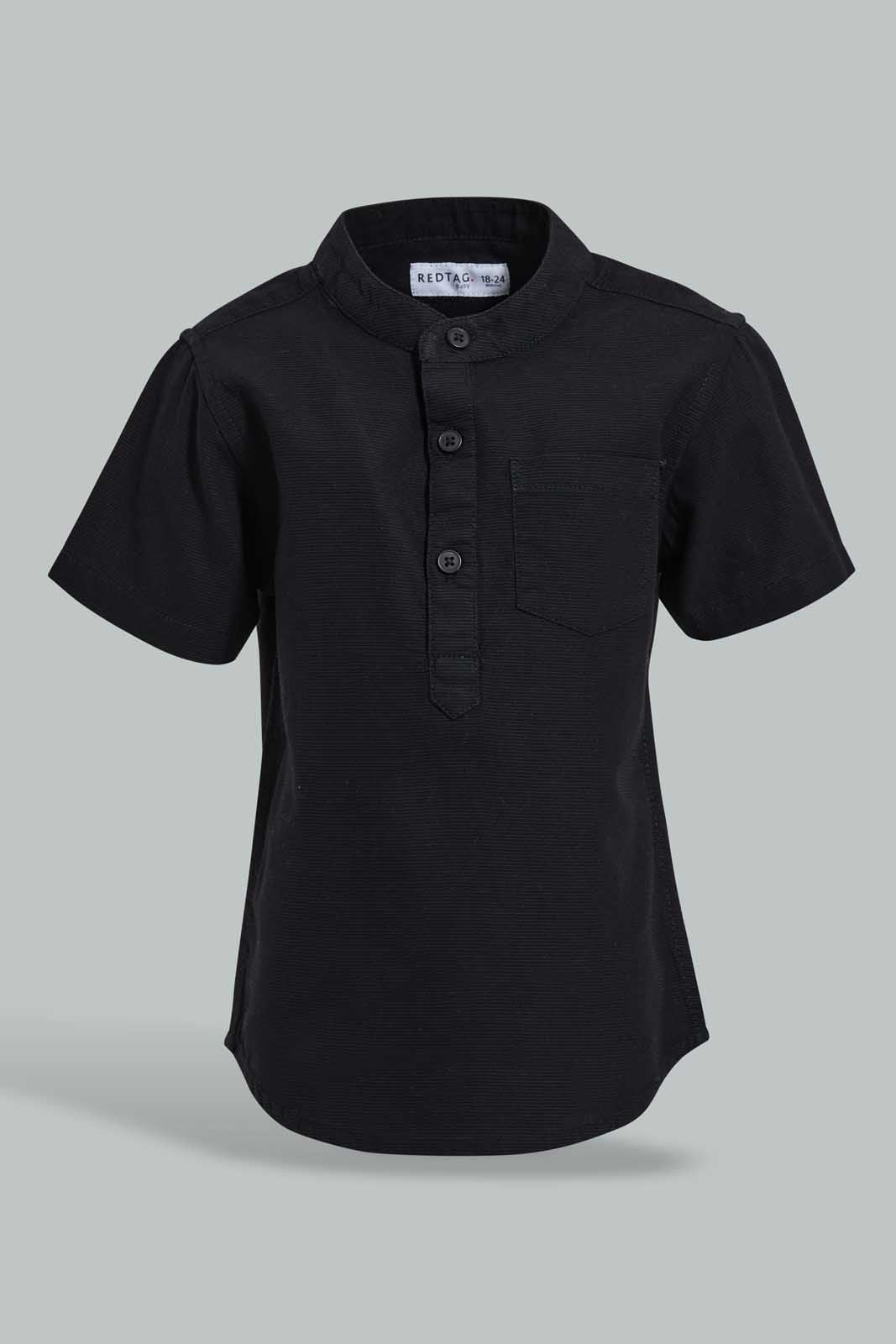 Redtag-Black-Dobby-Short-Sleeve-Mandarin-Shirt-Casual-Shirts-Infant-Boys-3 to 24 Months