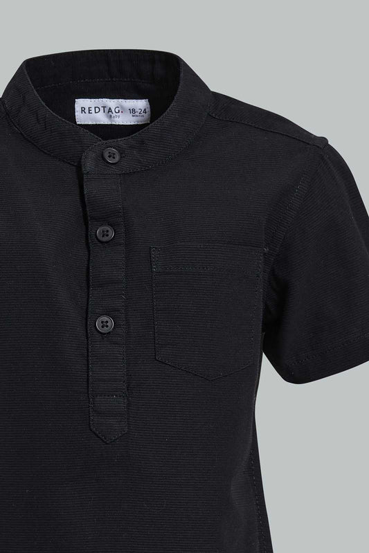 Redtag-Black-Dobby-Short-Sleeve-Mandarin-Shirt-Casual-Shirts-Infant-Boys-3 to 24 Months