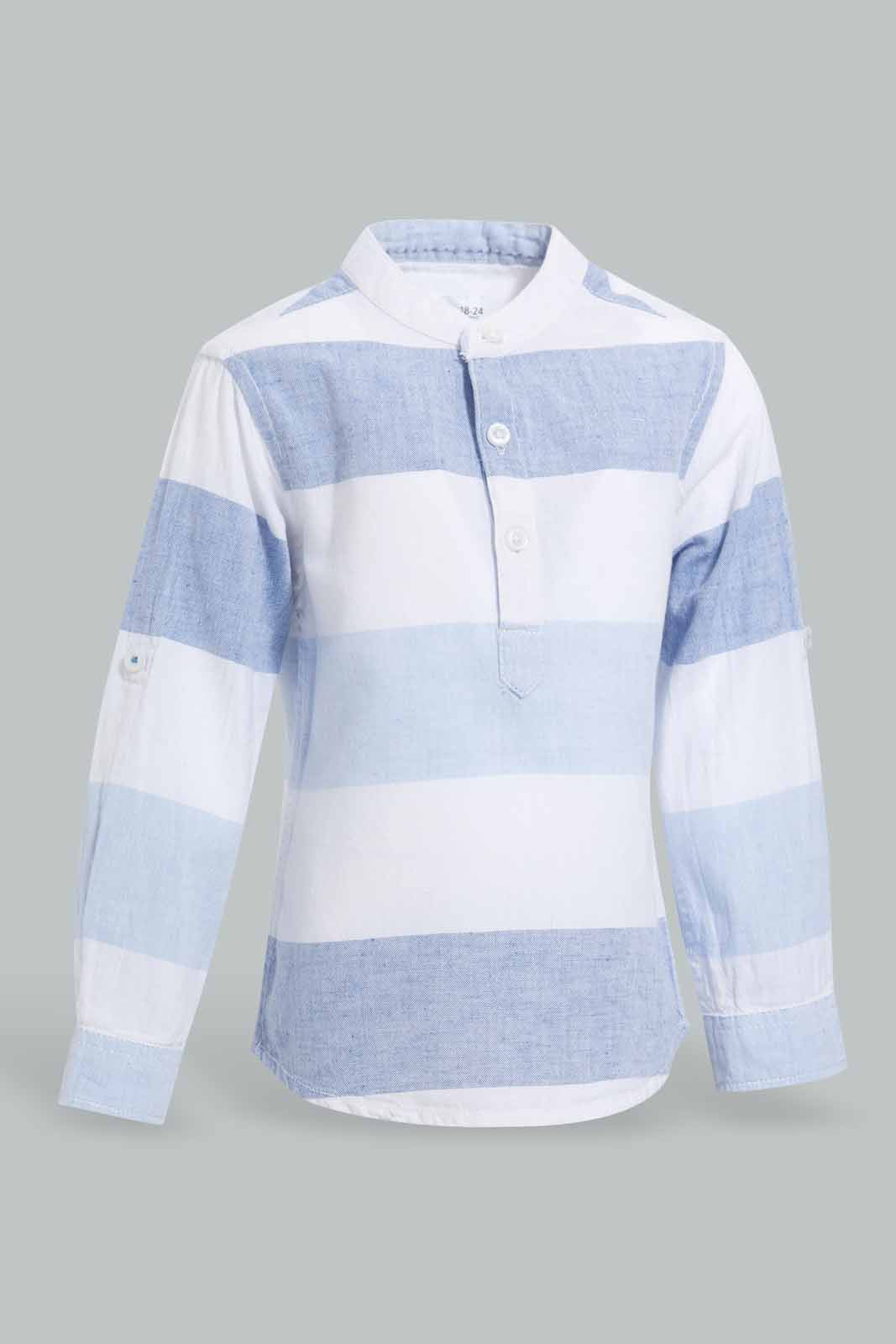 Redtag-Blue-And-White-Striped-Mandarin-Roll-Up-Ls-Shirt-Casual-Shirts-Infant-Boys-3 to 24 Months