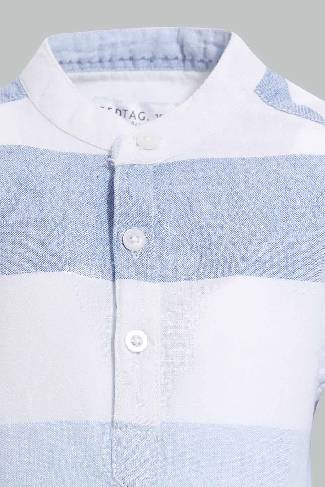 Redtag-Blue-And-White-Striped-Mandarin-Roll-Up-Ls-Shirt-Casual-Shirts-Infant-Boys-3 to 24 Months