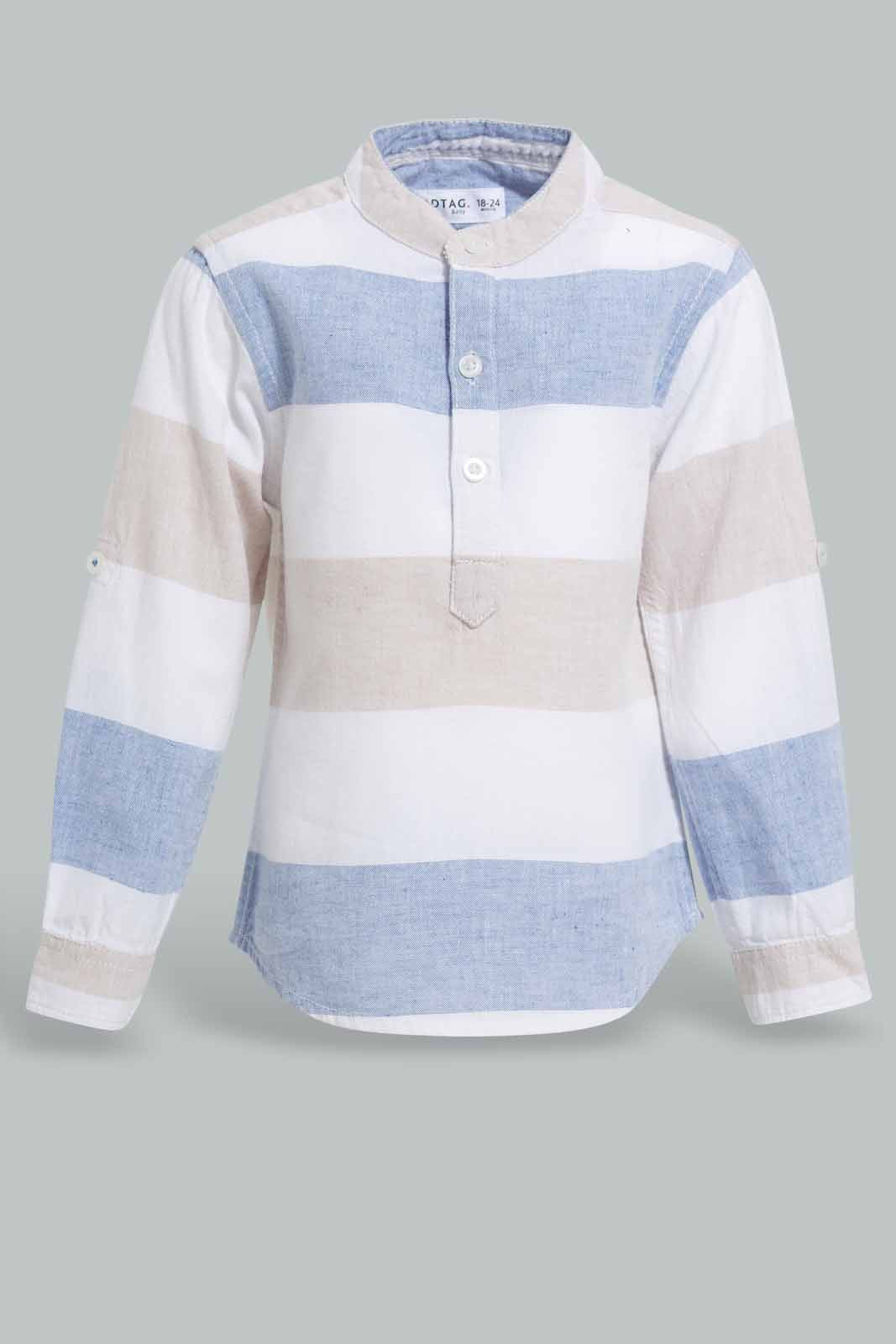 Redtag-Beige-And-White-Striped-Mandarin-Roll-Up-Ls-Shirt-Bundle,-Category:Shirts,-Colour:Beige,-Deals:Sale,-Filter:Infant-Boys-(3-to-24-Mths),-INB-Shirts,-S22C,-Sale-INB-APL,-Section:Boys-(0-to-14Yrs)-Infant-Boys-3 to 24 Months