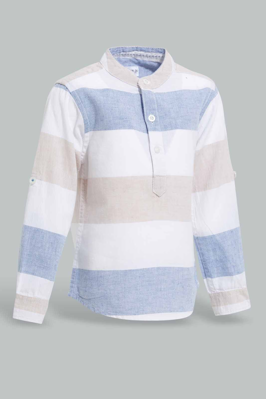 Redtag-Beige-And-White-Striped-Mandarin-Roll-Up-Ls-Shirt-Bundle,-Category:Shirts,-Colour:Beige,-Deals:Sale,-Filter:Infant-Boys-(3-to-24-Mths),-INB-Shirts,-S22C,-Sale-INB-APL,-Section:Boys-(0-to-14Yrs)-Infant-Boys-3 to 24 Months