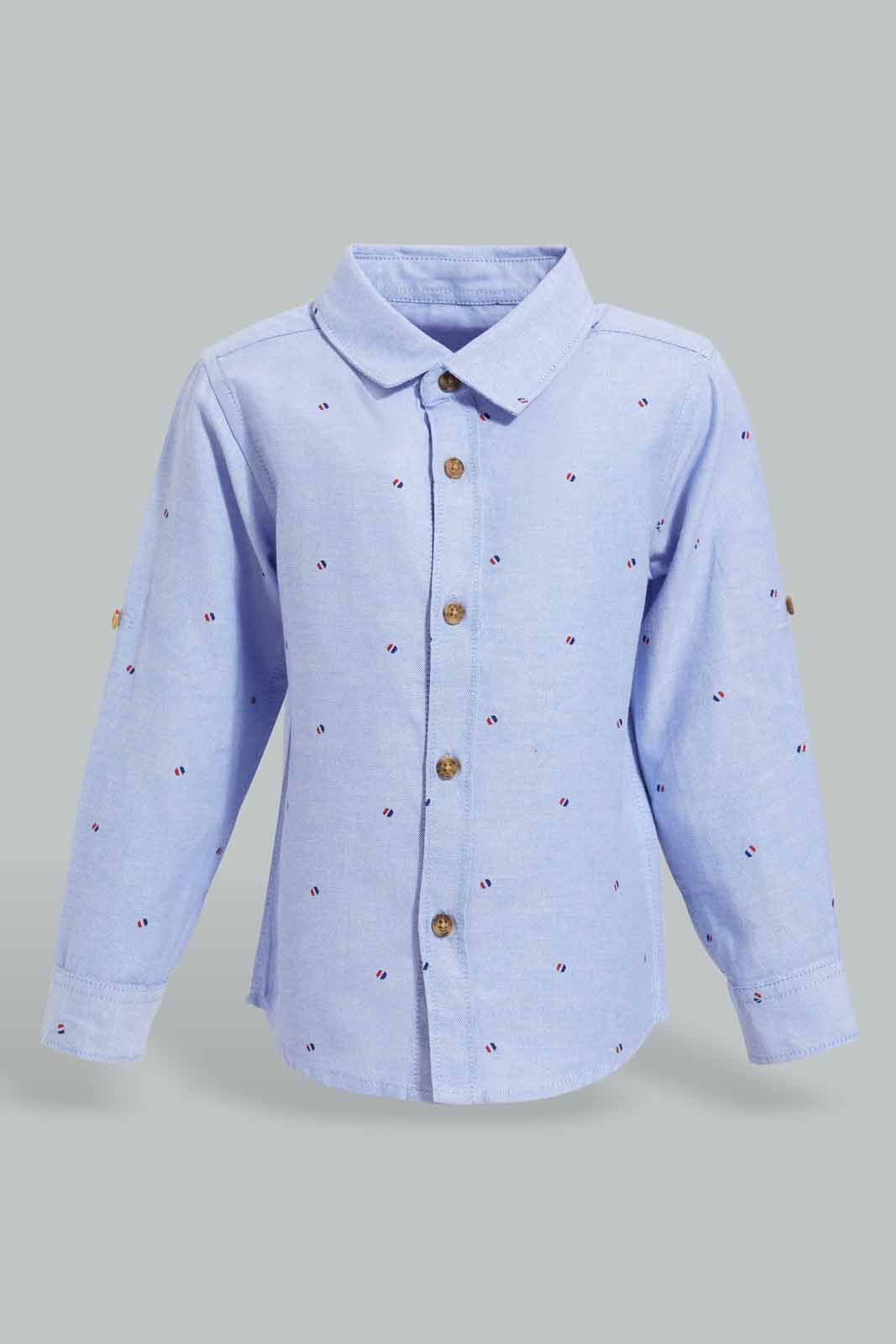 Redtag-Sky-Blue-Printed-Oxford-Ls-Shirt-With-Roll-Up-Category:Shirts,-Colour:Sky-Blue,-Deals:New-In,-Filter:Infant-Boys-(3-to-24-Mths),-INB-Shirts,-New-In-INB-APL,-Non-Sale,-S22C,-Section:Kidswear-Infant-Boys-