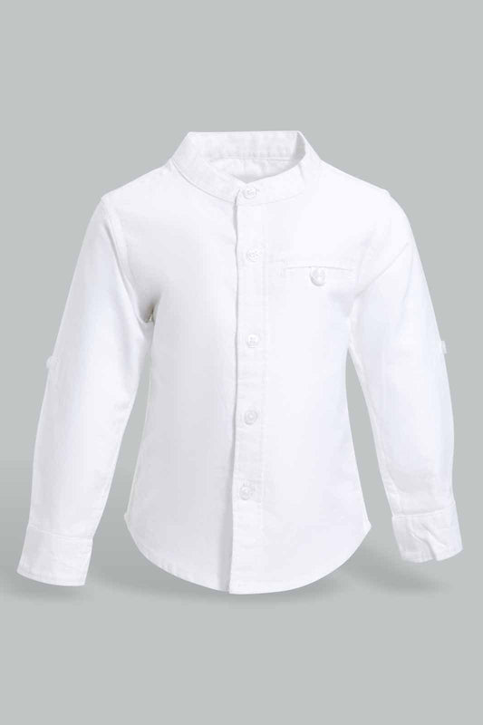 Redtag-White-Solid-Mandarin-Ls-Shirt-With-Roll-Up-Category:Shirts,-Colour:White,-Deals:New-In,-Filter:Infant-Boys-(3-to-24-Mths),-INB-Shirts,-New-In-INB-APL,-Non-Sale,-S22C,-Section:Kidswear-Infant-Boys-