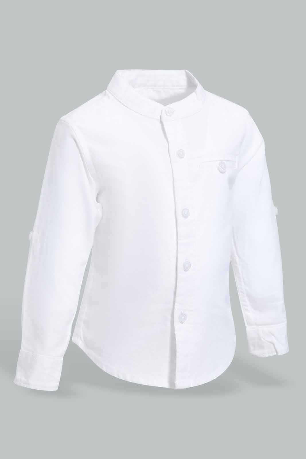 Redtag-White-Solid-Mandarin-Ls-Shirt-With-Roll-Up-Category:Shirts,-Colour:White,-Deals:New-In,-Filter:Infant-Boys-(3-to-24-Mths),-INB-Shirts,-New-In-INB-APL,-Non-Sale,-S22C,-Section:Kidswear-Infant-Boys-