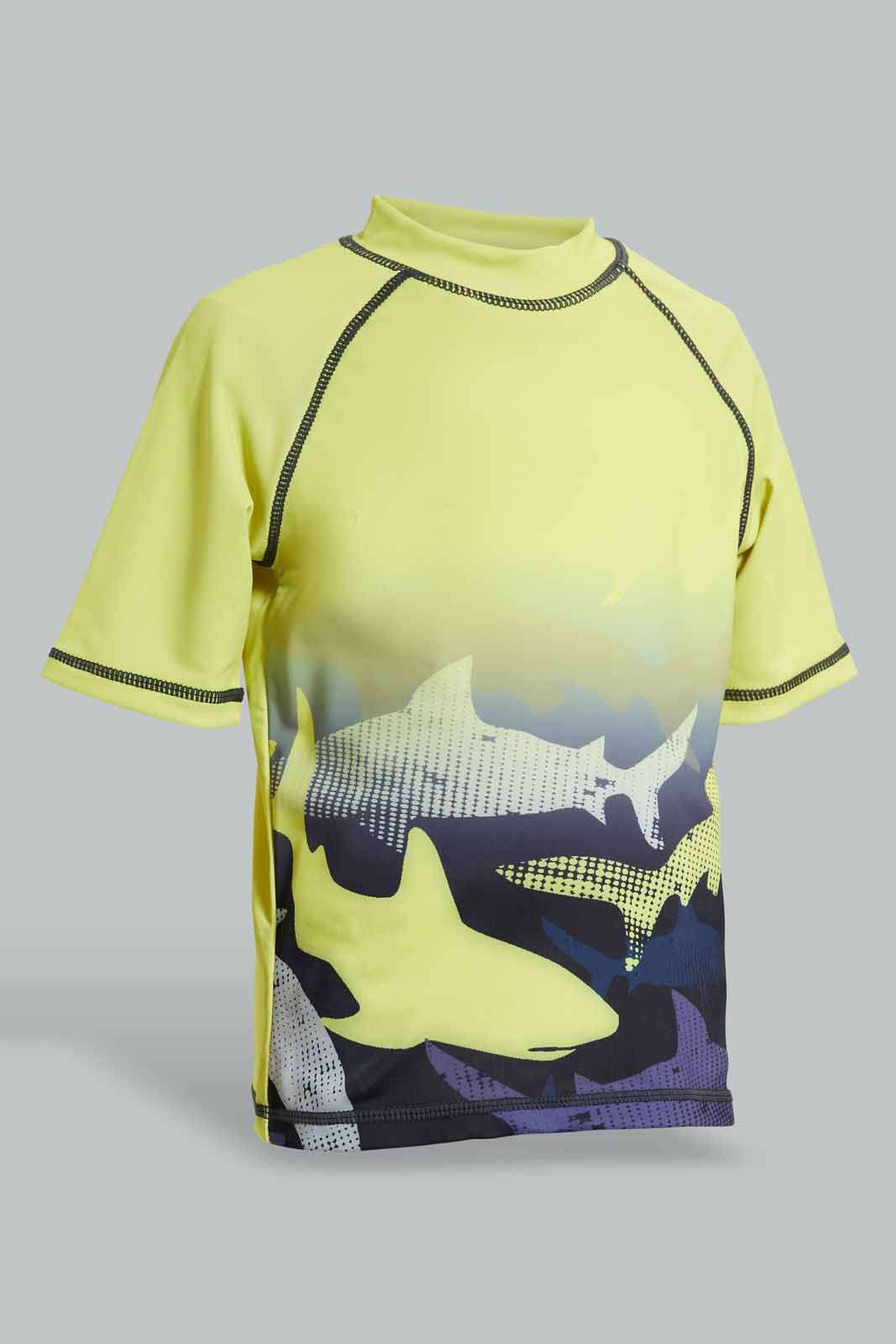 Redtag-Yellow-And-Navy-Shark-Sun-Protector-Swimsuit-(2-Piece)-BOY-Swimwear,-Category:Swimwear,-Colour:Navy,-Colour:Yellow,-Filter:Boys-(2-to-8-Yrs),-Non-Sale,-S22C,-Section:Boys-(0-to-14Yrs)--