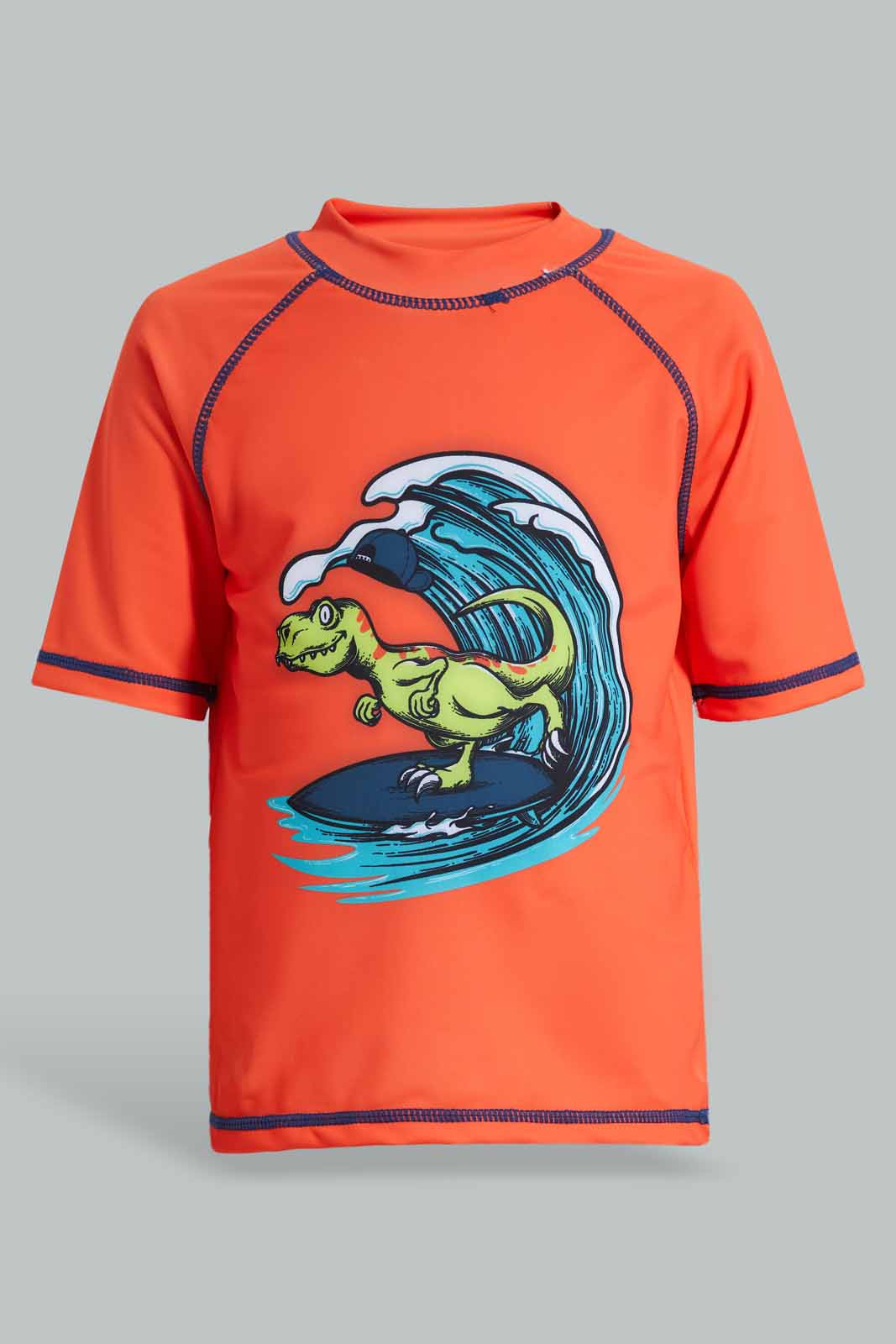 Redtag-Orange-And-Navy-Dino-Sun-Protector-Swim-Suit-(2-Piece)-BOY-Swimwear,-Category:Swimwear,-Colour:Navy,-Colour:Orange,-Filter:Boys-(2-to-8-Yrs),-Non-Sale,-S22C,-Section:Boys-(0-to-14Yrs)--