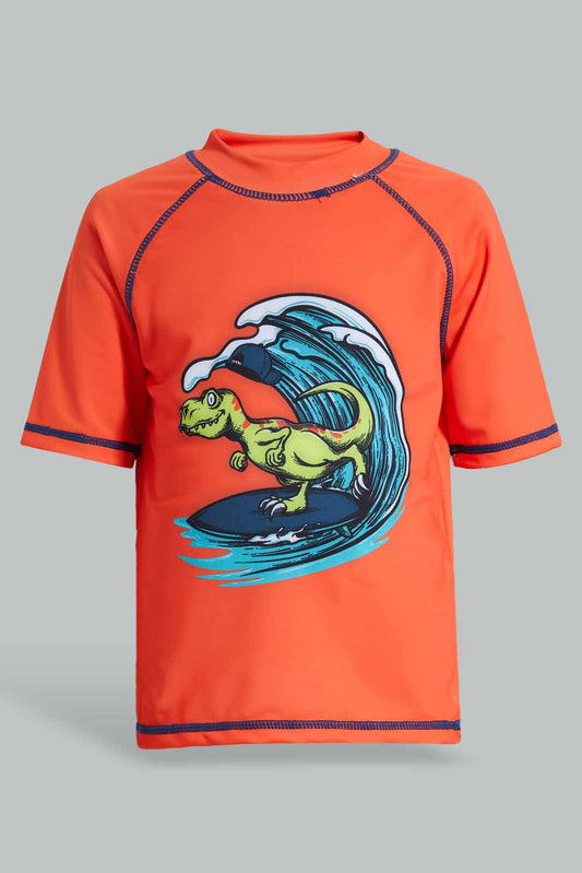 Redtag-Orange-And-Navy-Dino-Sun-Protector-Swim-Suit-(2-Piece)-BOY-Swimwear,-Category:Swimwear,-Colour:Navy,-Colour:Orange,-Filter:Boys-(2-to-8-Yrs),-Non-Sale,-S22C,-Section:Boys-(0-to-14Yrs)--
