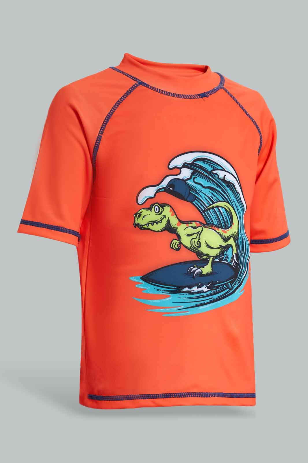 Redtag-Orange-And-Navy-Dino-Sun-Protector-Swim-Suit-(2-Piece)-BOY-Swimwear,-Category:Swimwear,-Colour:Navy,-Colour:Orange,-Filter:Boys-(2-to-8-Yrs),-Non-Sale,-S22C,-Section:Boys-(0-to-14Yrs)--
