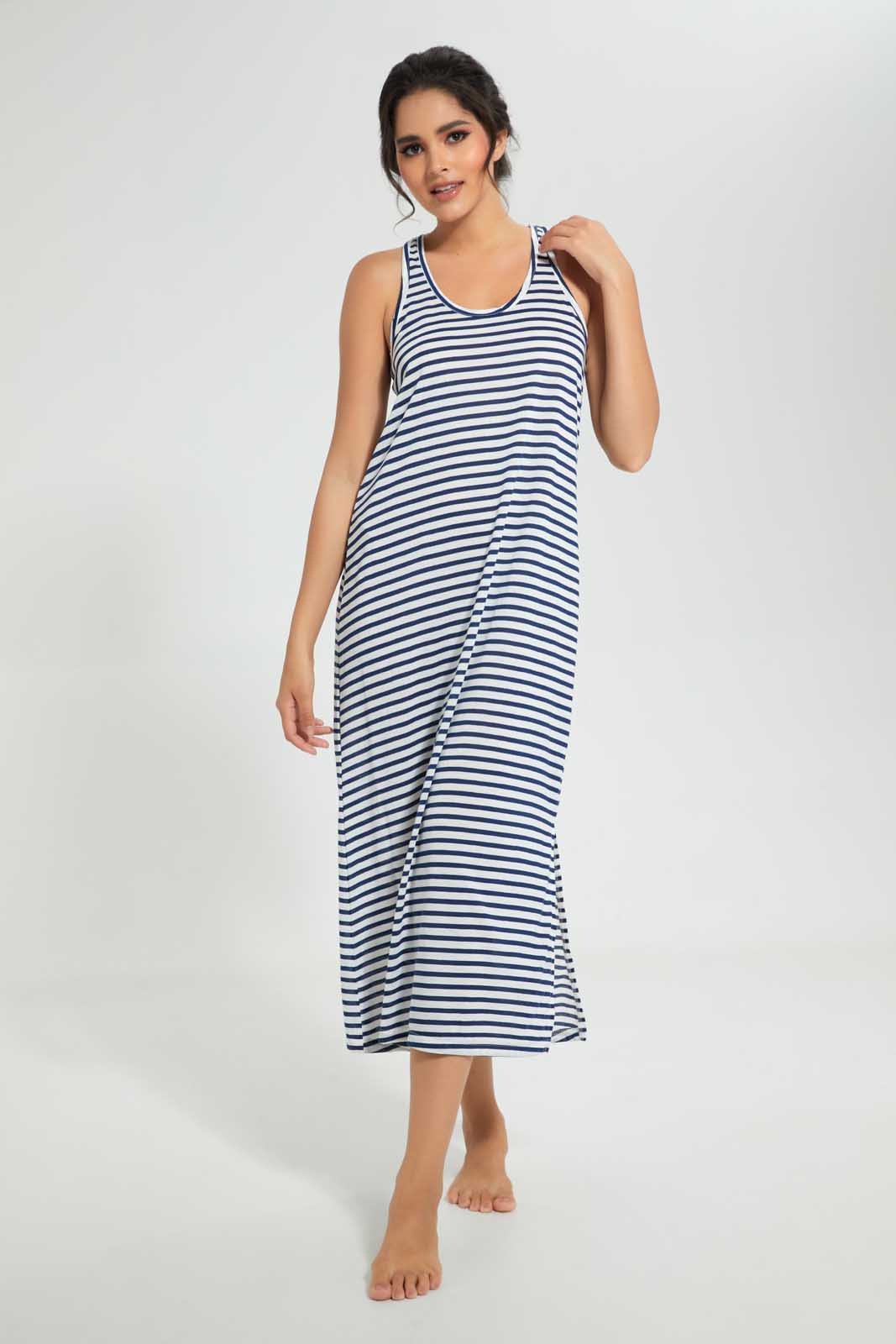 Redtag-Navy/White-Stripe-Yarn-Dyed-NighT-Shirt-Nightshirts-Women's-