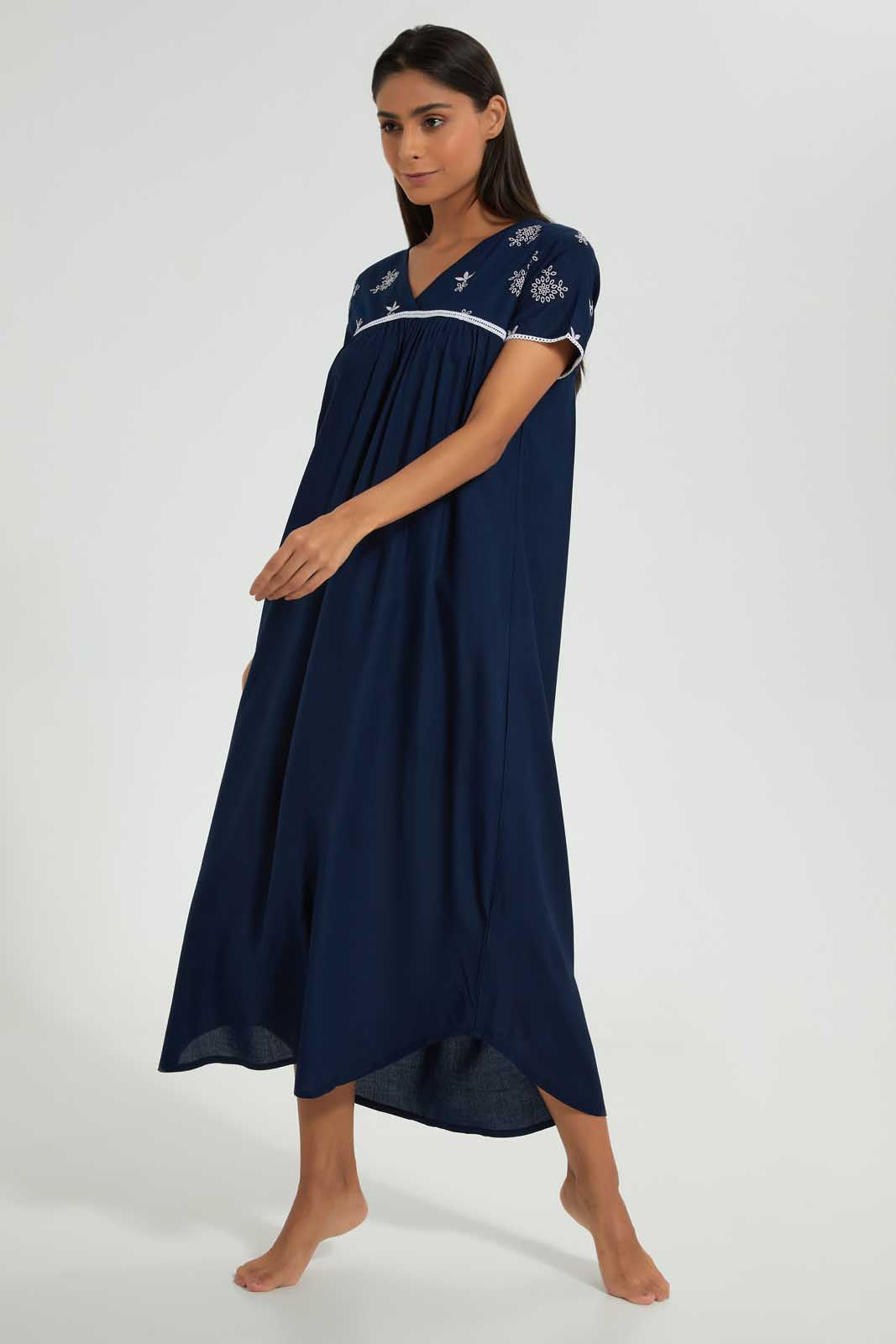 Redtag-Assorted-Plain-Nightgown-With-Embroidery-Nightgowns-Women's-