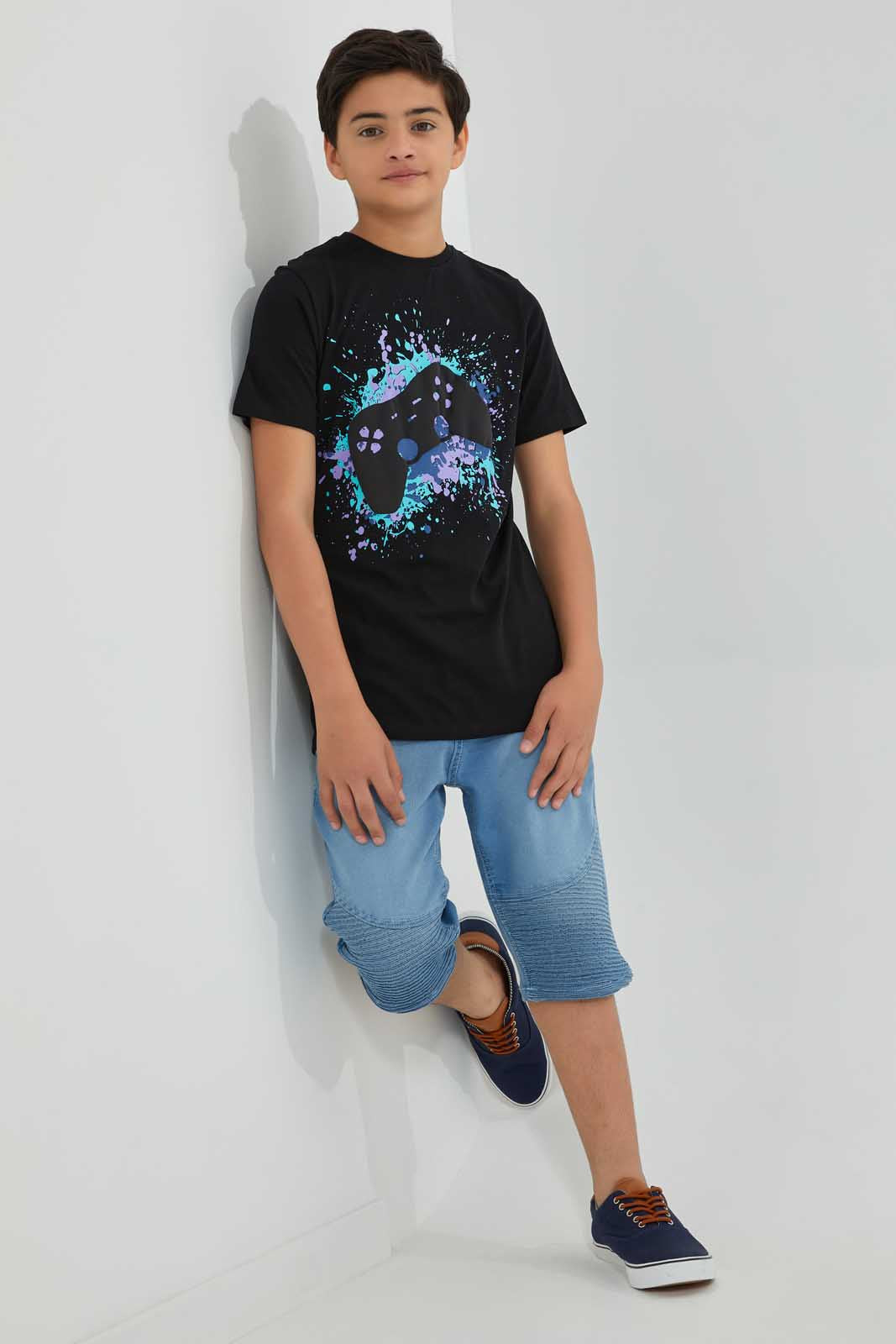 Redtag-Black-Bsr-Splatter-Gaming-Controller-T-Shirt-Graphic-T-Shirts-Senior-Boys-9 to 14 Years