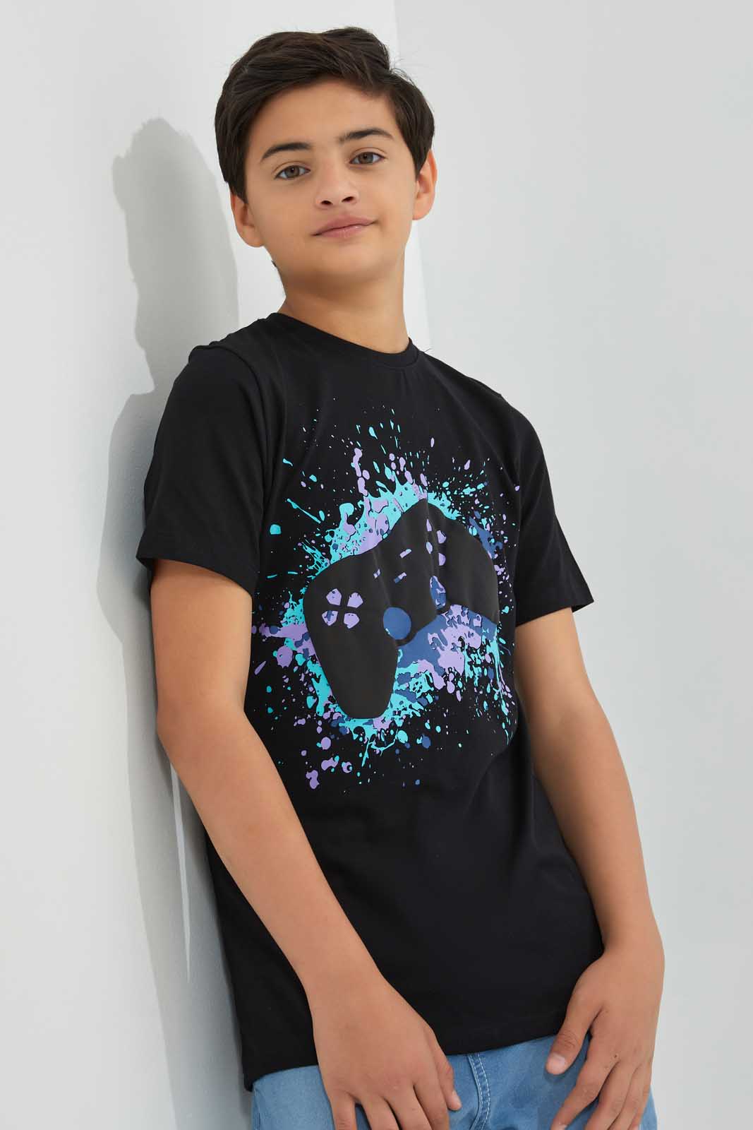 Redtag-Black-Bsr-Splatter-Gaming-Controller-T-Shirt-Graphic-T-Shirts-Senior-Boys-9 to 14 Years