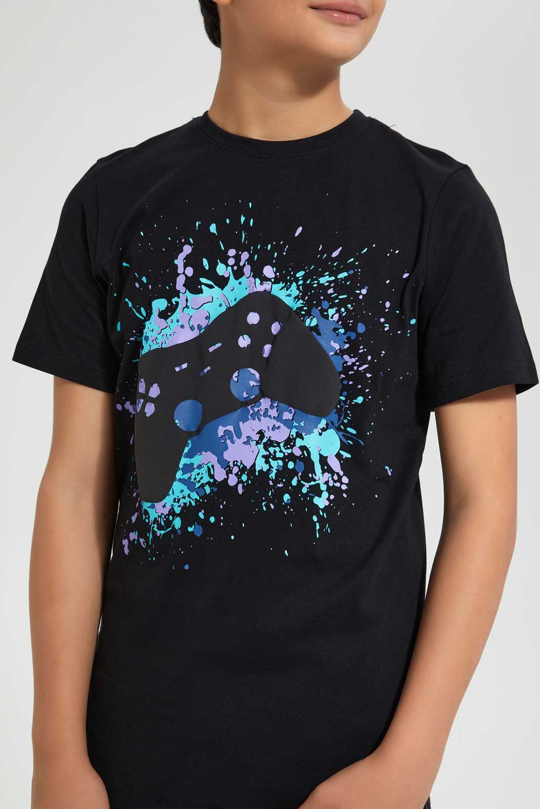 Redtag-Black-Bsr-Splatter-Gaming-Controller-T-Shirt-Graphic-T-Shirts-Senior-Boys-9 to 14 Years
