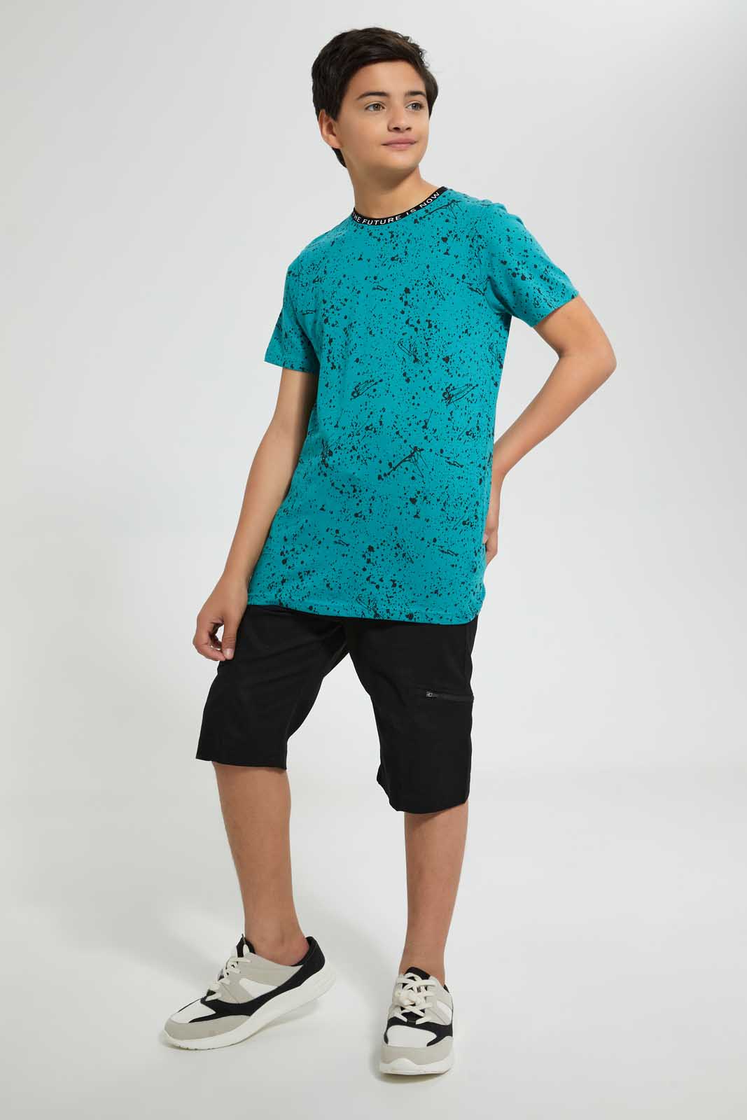 Redtag-Green-Bsr-Splatter-T-Shirt-Graphic-T-Shirts-Senior-Boys-9 to 14 Years