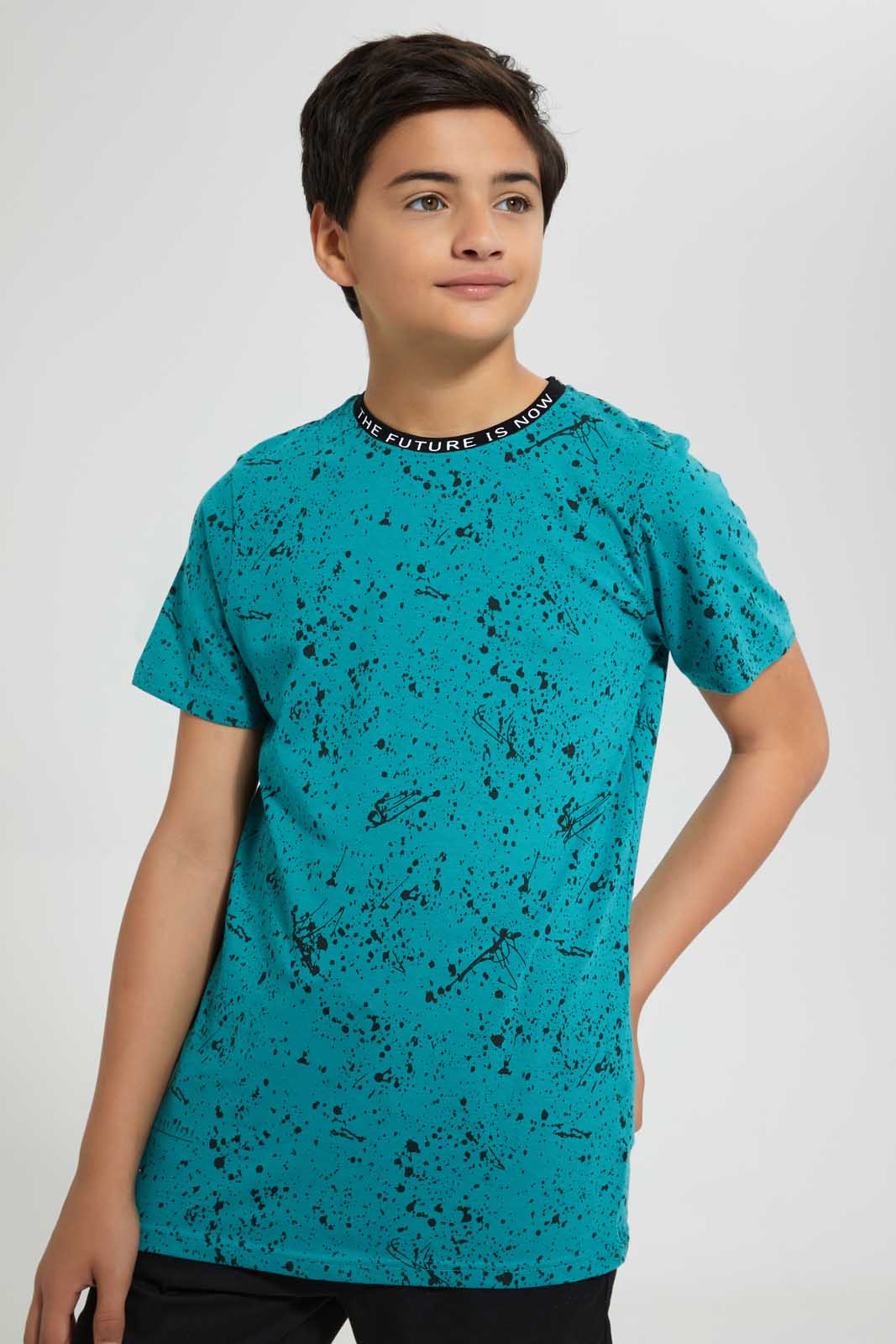 Redtag-Green-Bsr-Splatter-T-Shirt-Graphic-T-Shirts-Senior-Boys-9 to 14 Years