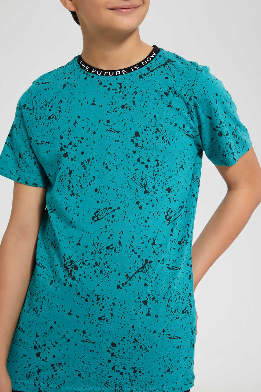 Redtag-Green-Bsr-Splatter-T-Shirt-Graphic-T-Shirts-Senior-Boys-9 to 14 Years
