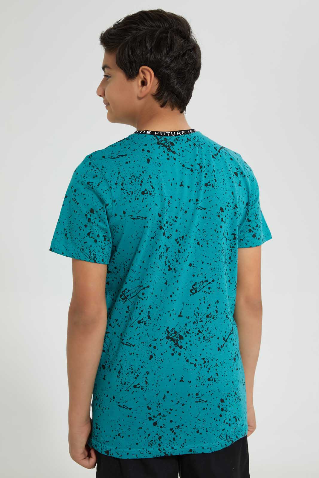 Redtag-Green-Bsr-Splatter-T-Shirt-Graphic-T-Shirts-Senior-Boys-9 to 14 Years