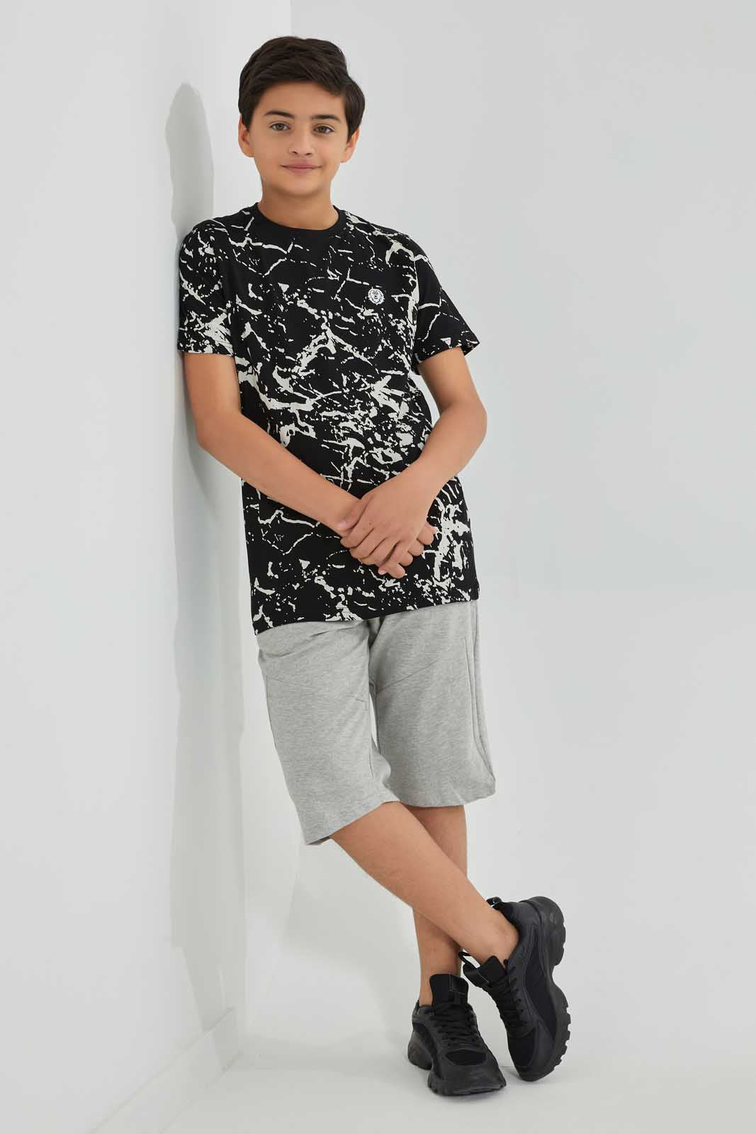 Redtag-Black-Marble-T-Shirt-Graphic-T-Shirts-Senior-Boys-9 to 14 Years
