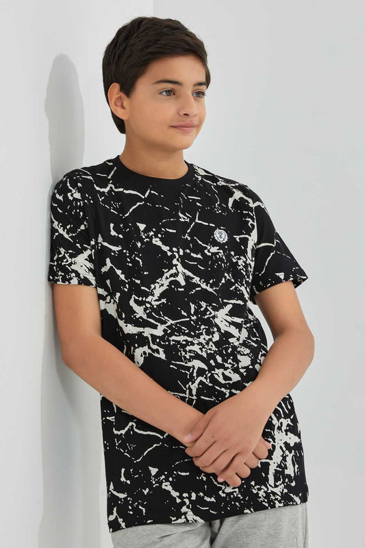 Redtag-Black-Marble-T-Shirt-Graphic-T-Shirts-Senior-Boys-9 to 14 Years