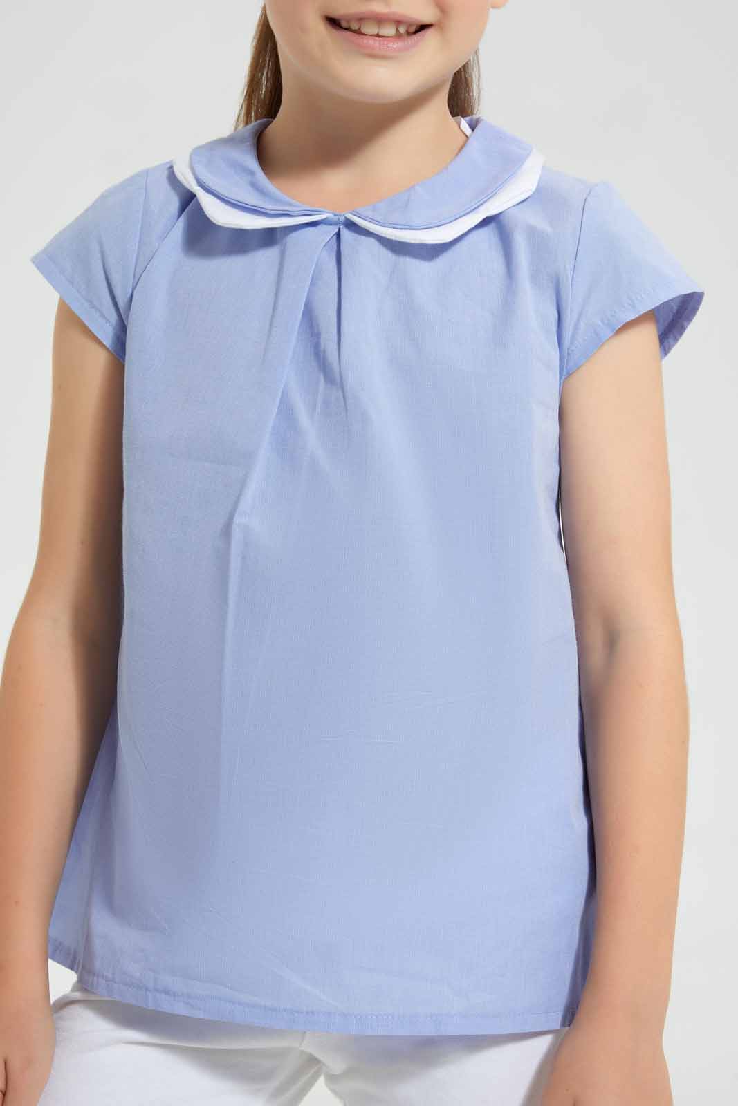 Redtag-Blue-Collared-Blouse-Blouses-Girls-2 to 8 Years