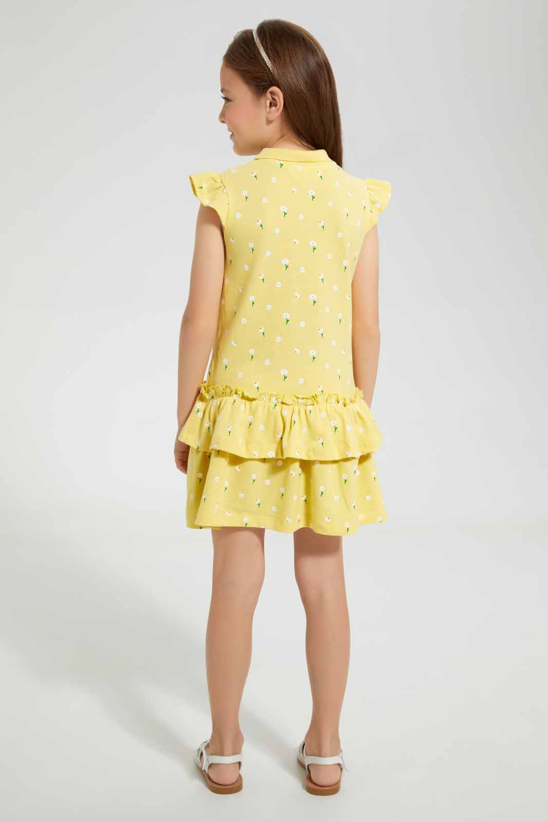 Redtag-Yellow-Printed-Frill-Bottom-Dress-Dresses-Girls-2 to 8 Years