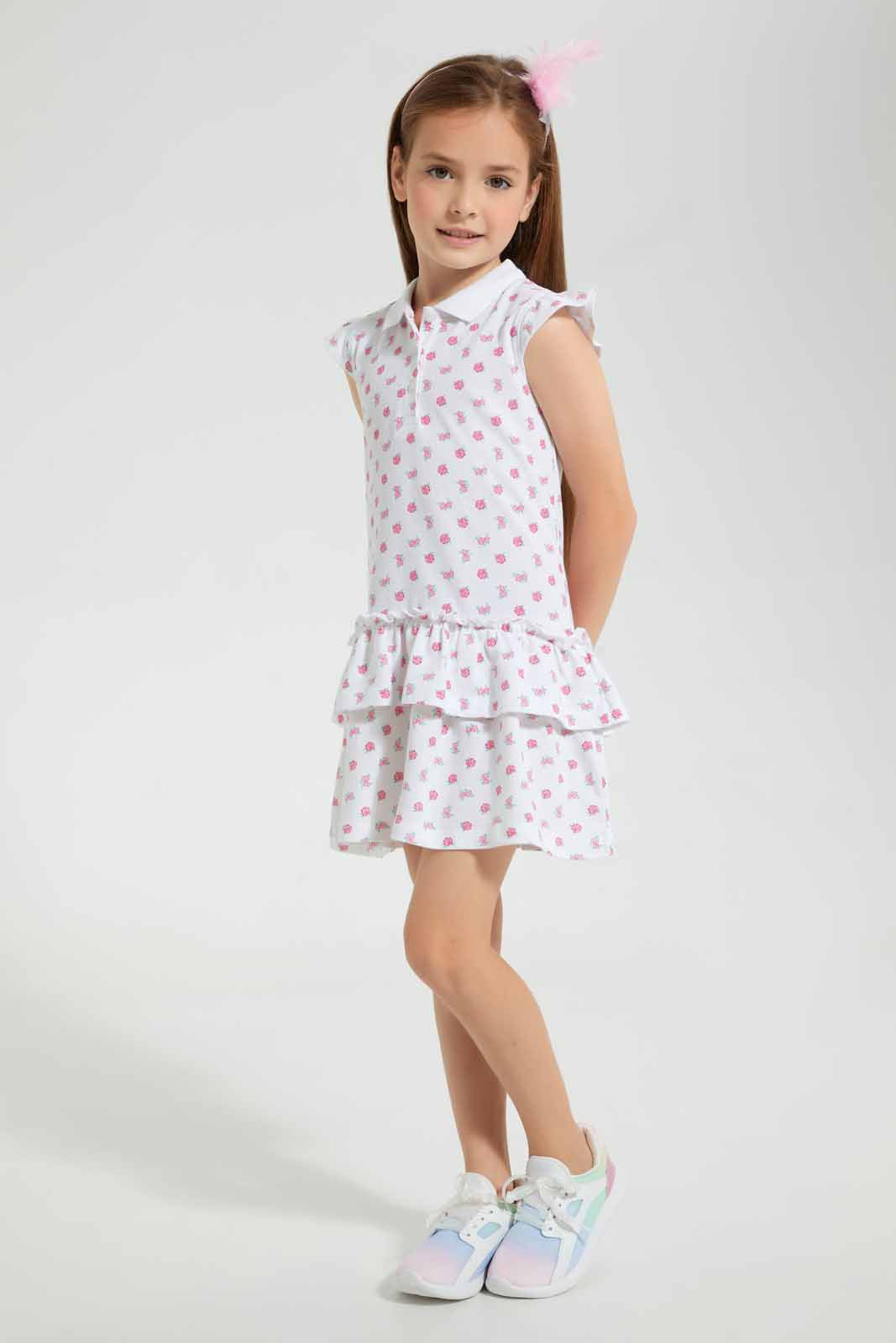 Redtag-White-Printed-Frill-Bottom-Dress-Dresses-Girls-2 to 8 Years
