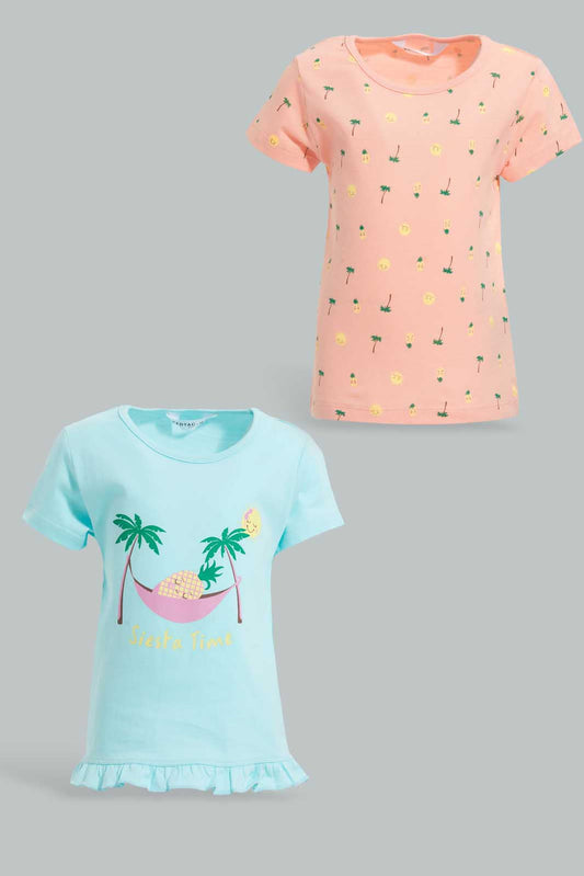 Redtag-Multi-Colour-2Pc-Pack-T-Shirt-Graphic-T-Shirts-Infant-Girls-3 to 24 Months