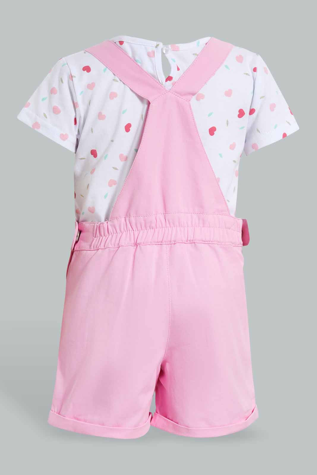Redtag-Pink-Short-Dungaree-With-White-Aop-T-Shirt-Sets-Infant-Girls-3 to 24 Months